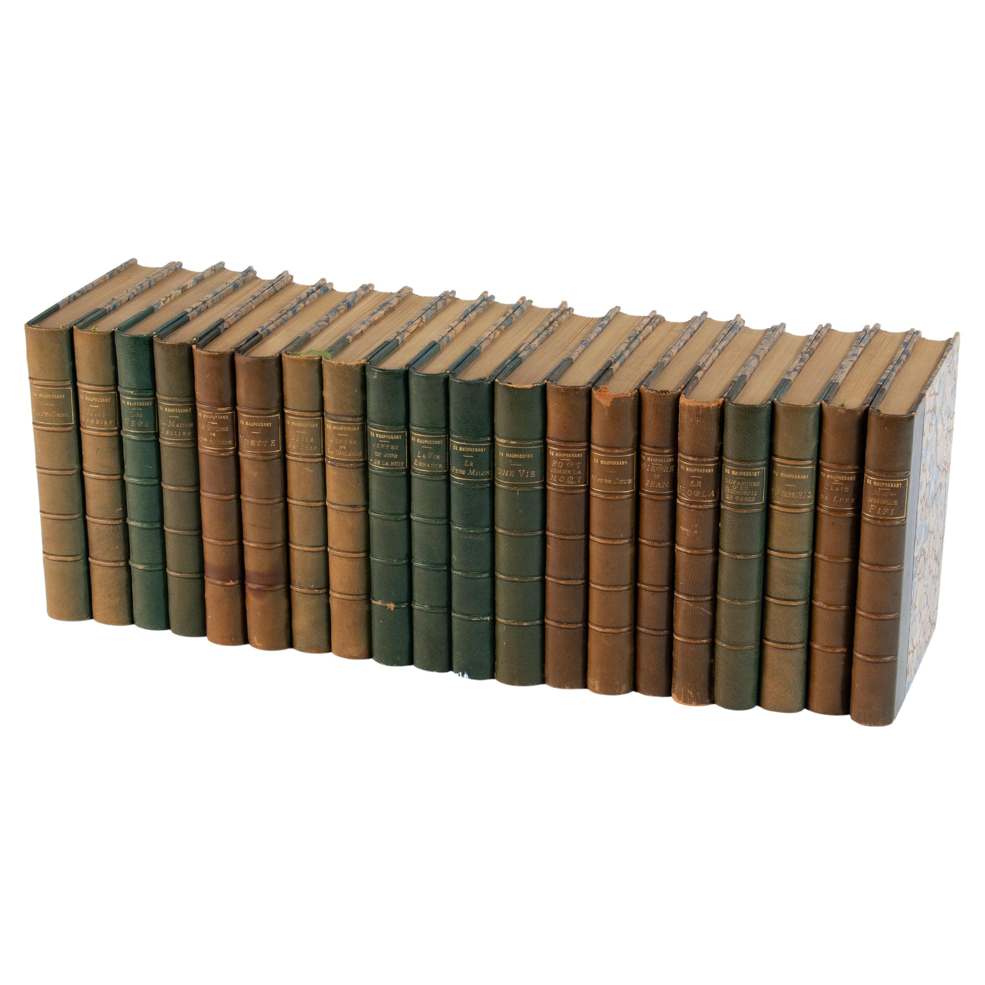 Set of 20 Antique French Leather Binding Books for Decoration For Sale