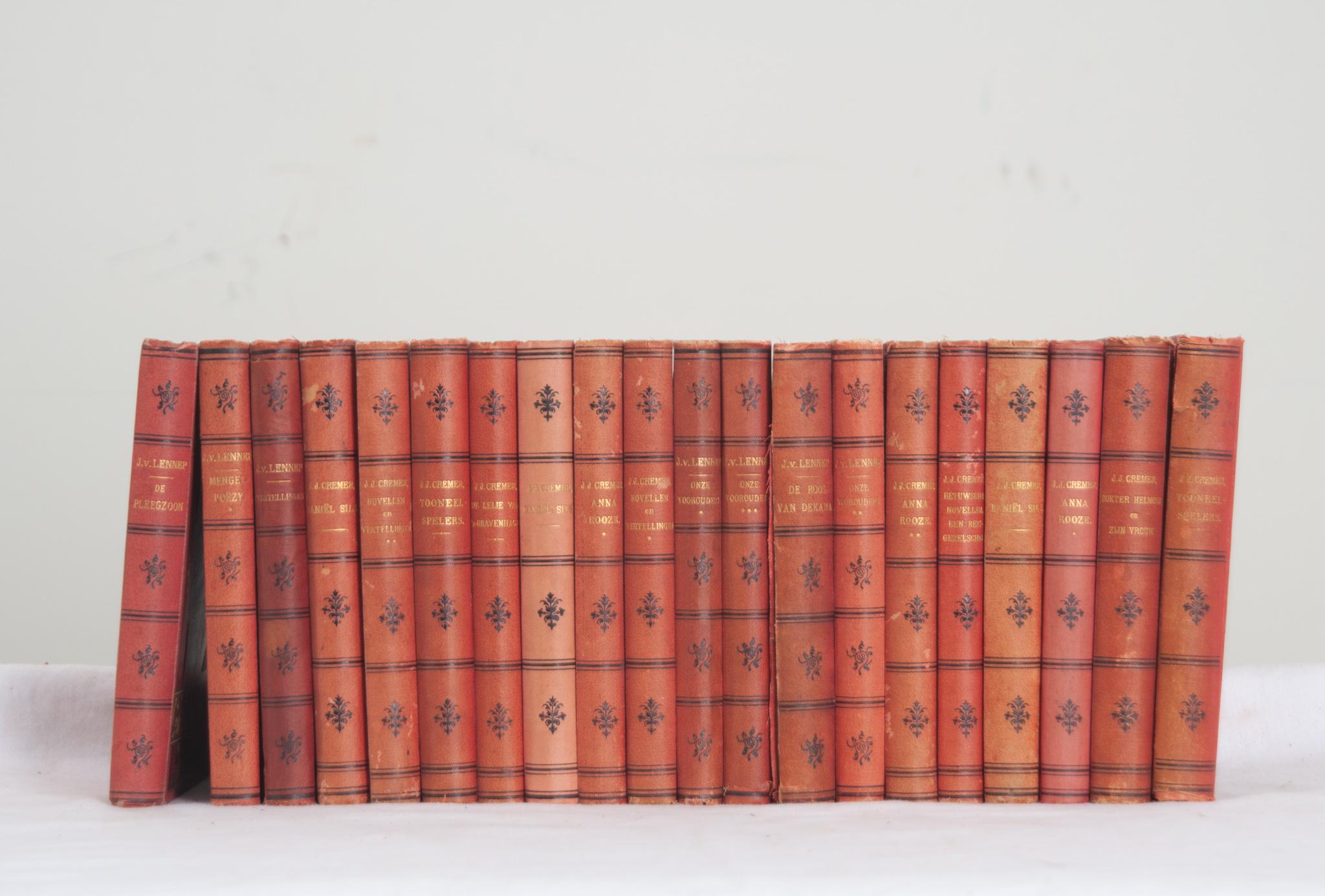 A collection of  twenty volumes of works by Dutch novelists J. Van Lennep and J. J. Cremer. This set of books is bound in pressed fabric with gold lettering. There are minor signs of wear, make sure to view the detailed images for the current
