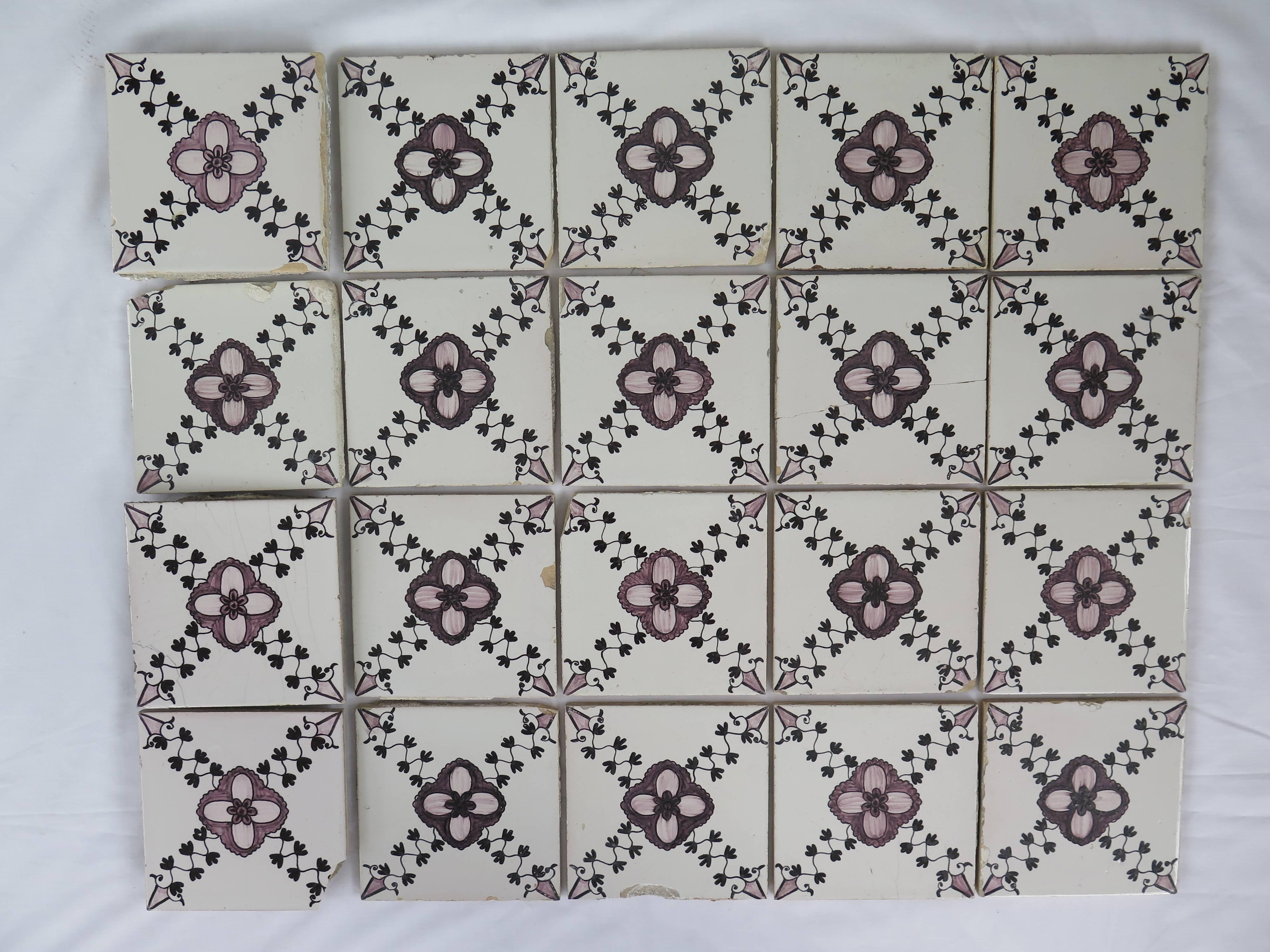 These are a very decorative and large set of 20 Dutch delft ceramic wall tiles, hand painted and dating to the early part of the 19th century.

The tiles are Dutch (Netherlands), Delft in origin and are of a manganese coloring with a size of just