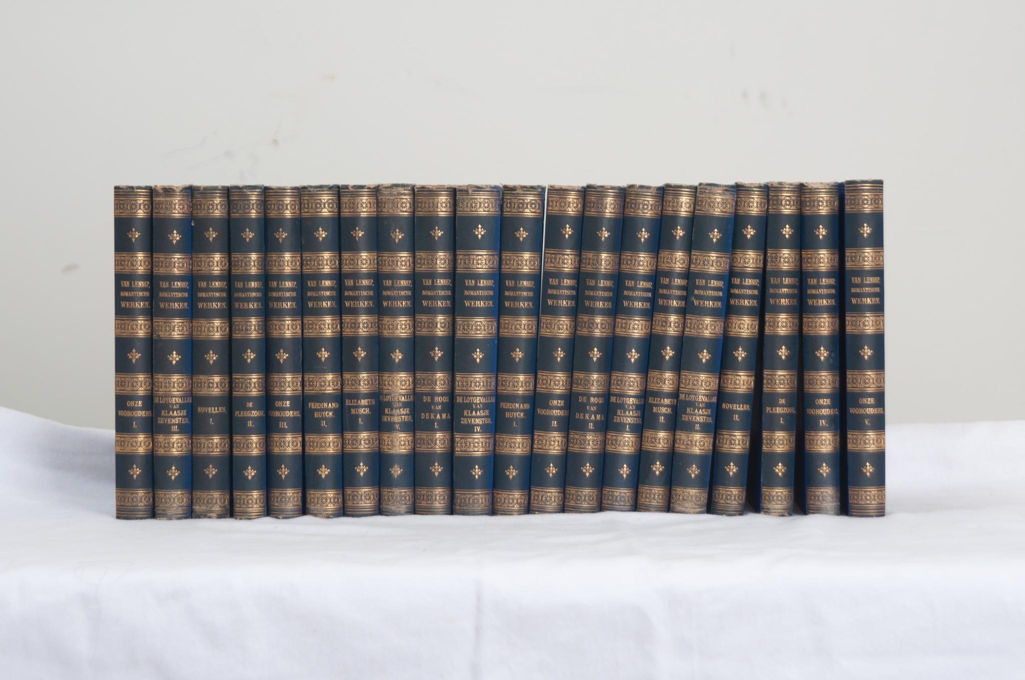 A collection of twenty volumes of novels by Dutch author J. Van Lennep.  Leather bound with gold lettering, this set includes multiple works from the novelist. The pages have signs of discoloration, make sure to view the detailed images for a closer