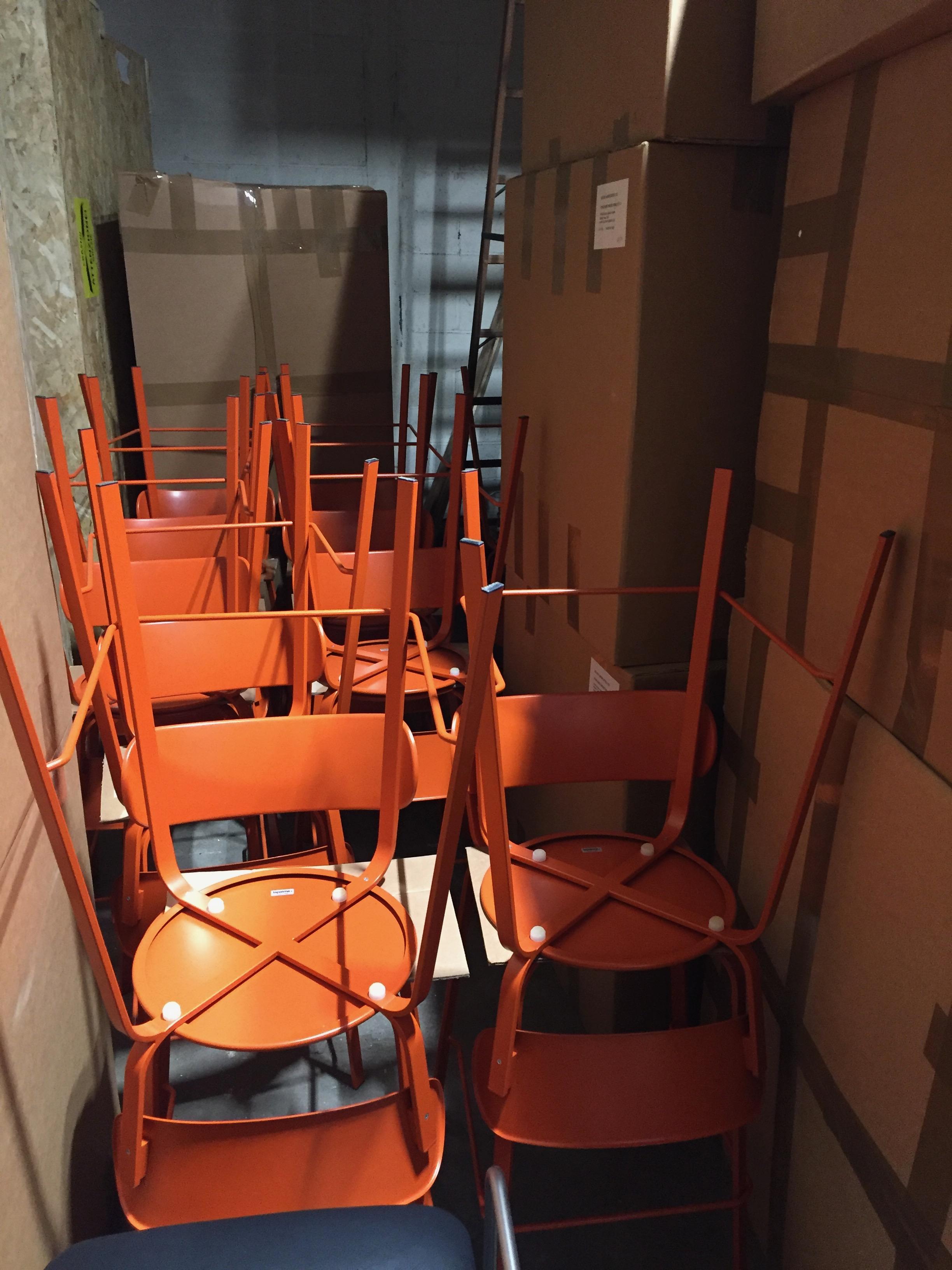 16 LaPalma Stil stools
Measures: Seat height of 25 1/2”. 
Orange RAL color 2001.
Extremely light and produced in orange color metal, stackable stools.