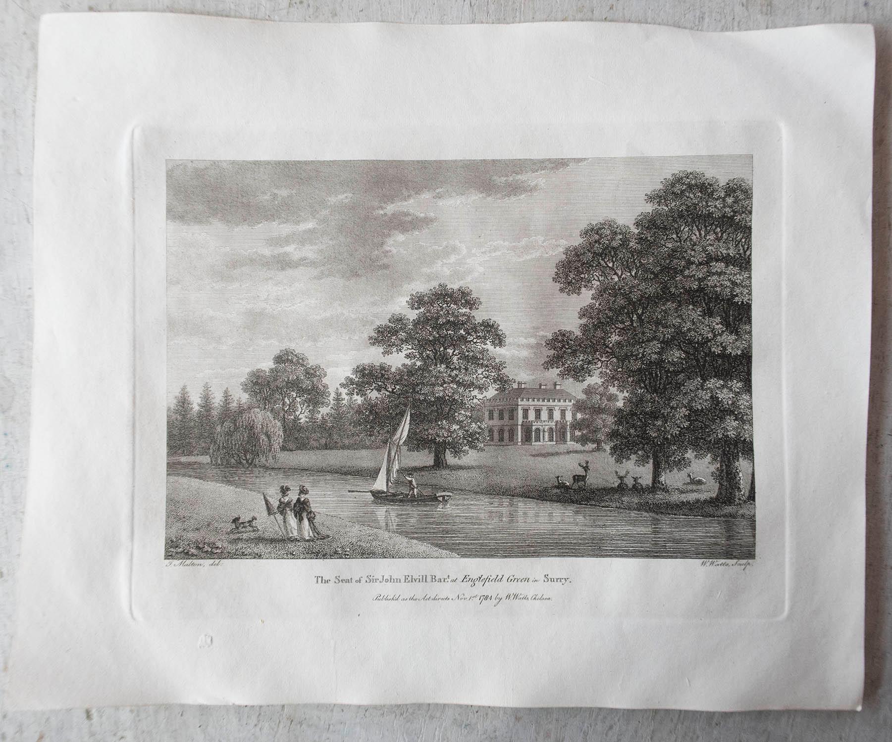 Magnifique ensemble de 20 gravures de maisons de campagne et de jardins anglais

Belles gravures sur cuivre de W.Watts

Publié par J. Boydell vers 1780. Tous datés.

Non encadré.

La mesure indiquée est le format papier d'une impression.





 