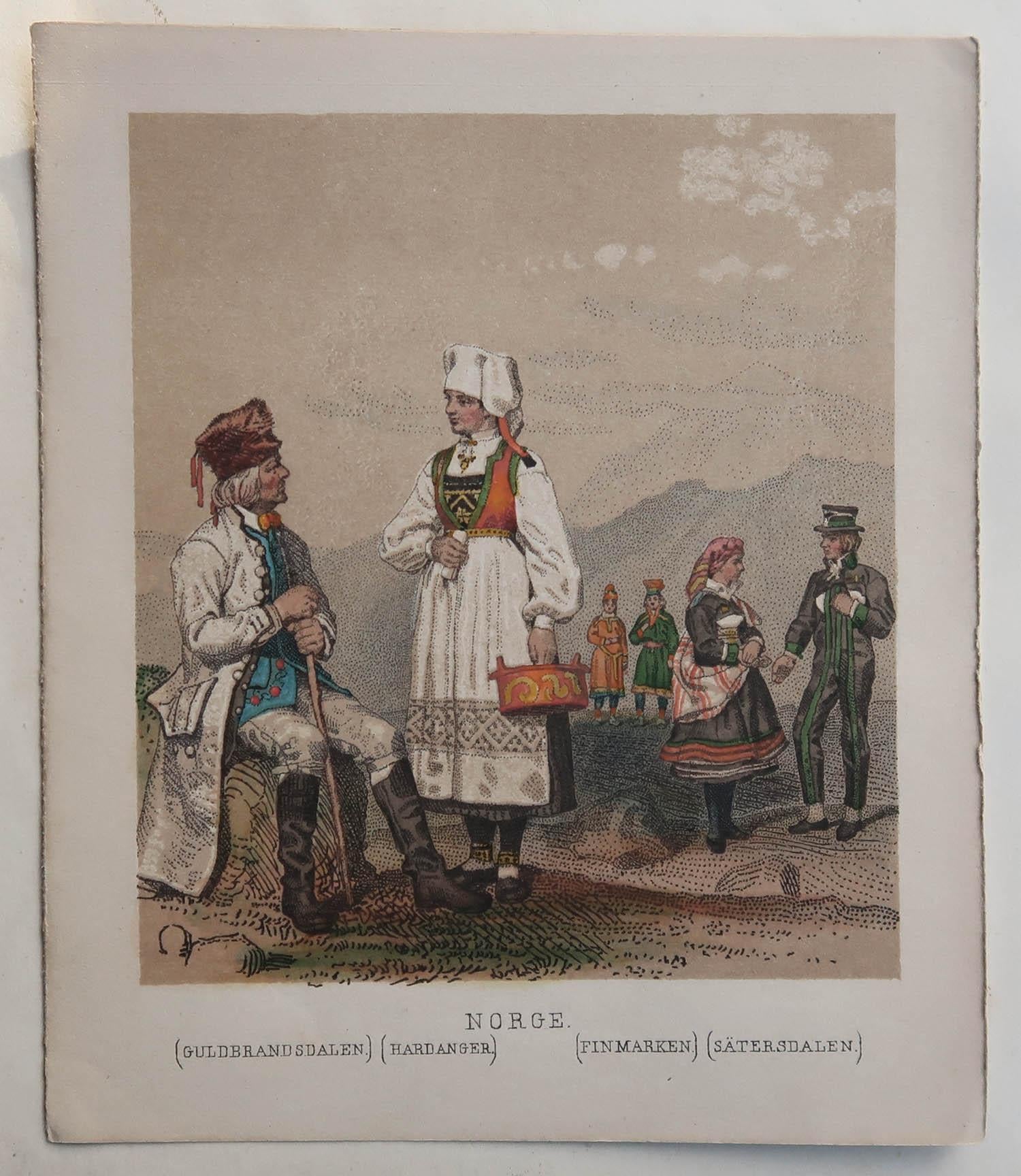 Charming set of 20 prints of Swedish and Norwegian costume

Lithographs by Schlachter & Seedorff

Published by Sigfried Flodins, Stockholm, C.1850

Unframed.

The measurement given below is for one of the prints.




