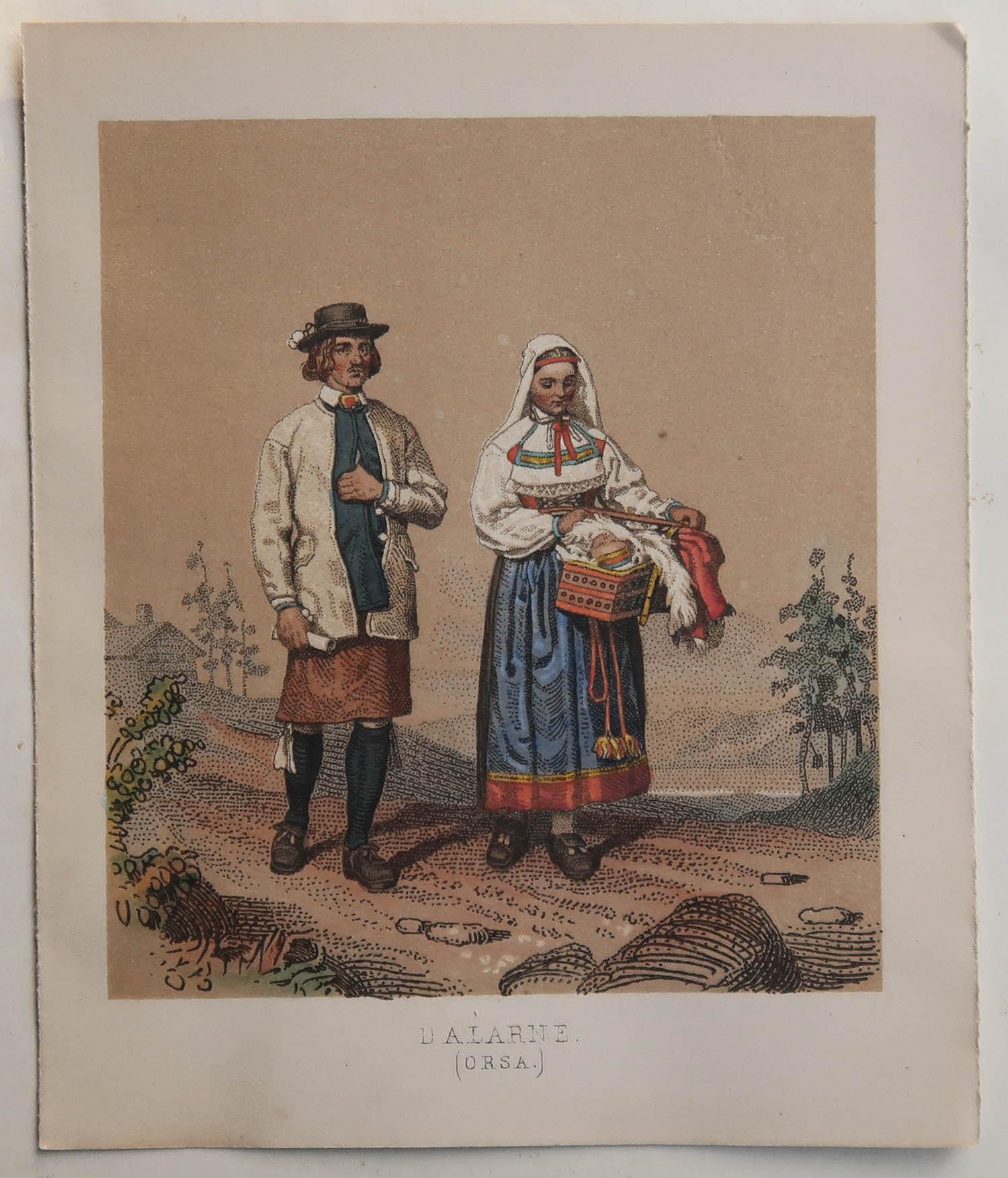 English Set of 20 Original Antique Prints of Swedish and Norwegian Costumes, C.1850 For Sale