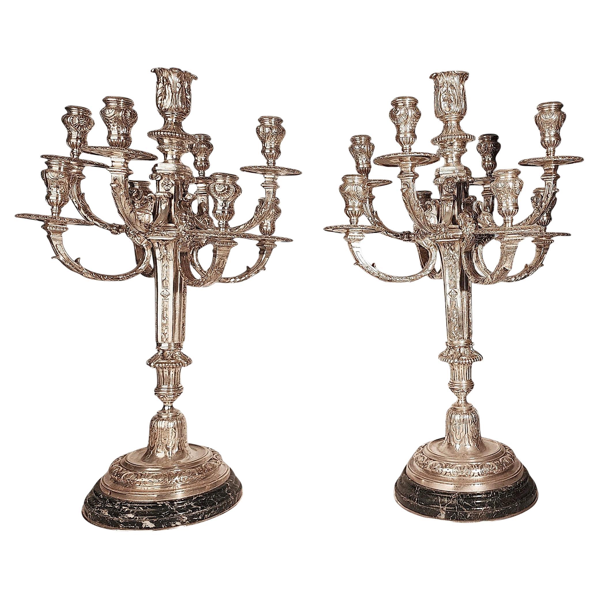 Pair of 20th C. French Neoclassical 9-Light Bronze Candelabra with Marble Base