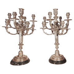 Pareja de candelabros neoclásicos franceses de bronce de 9 luces del s. XX con base de mármol