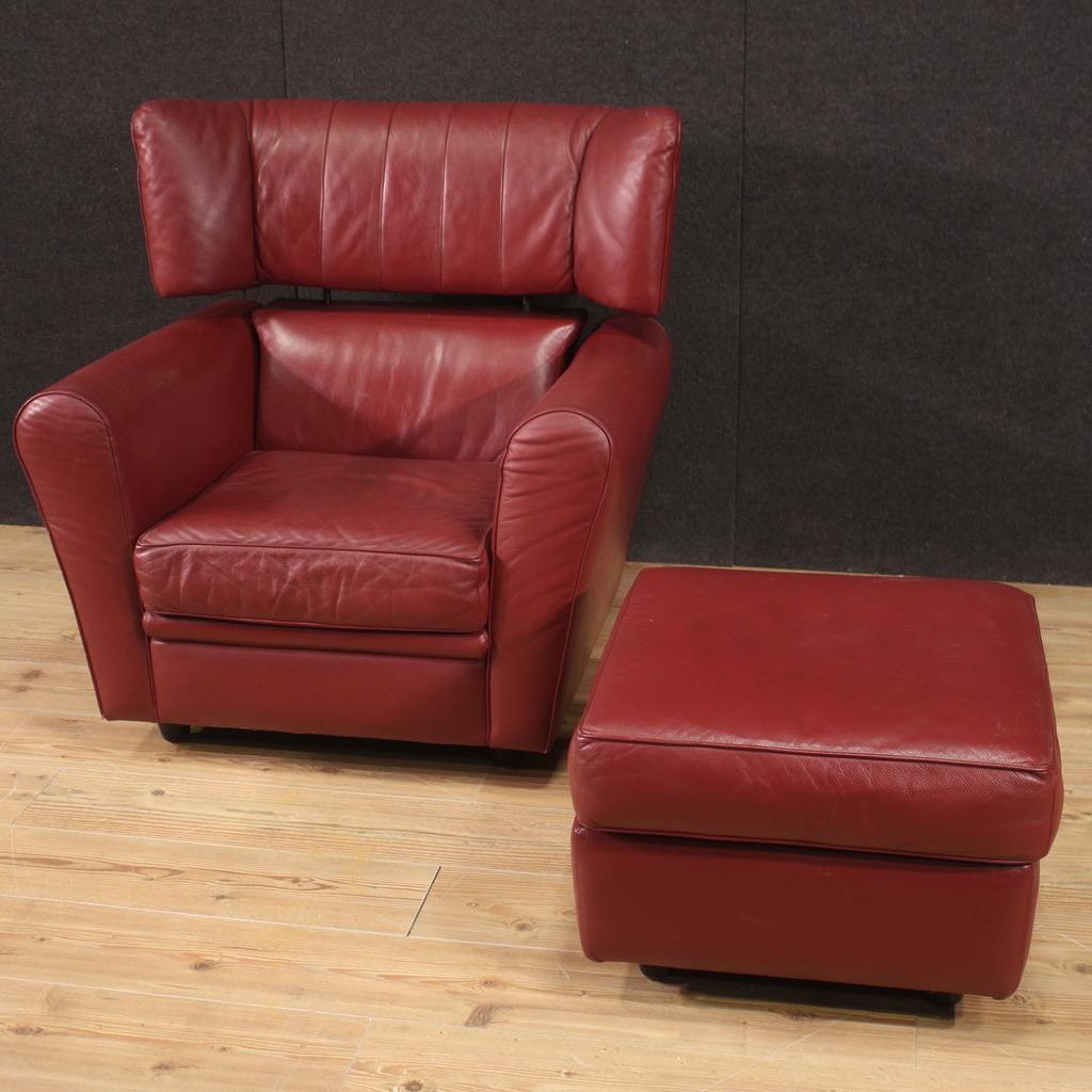 Set of 20th Century Red Leather Italian Zanotta Armchair with Footstool, 1980 For Sale 1