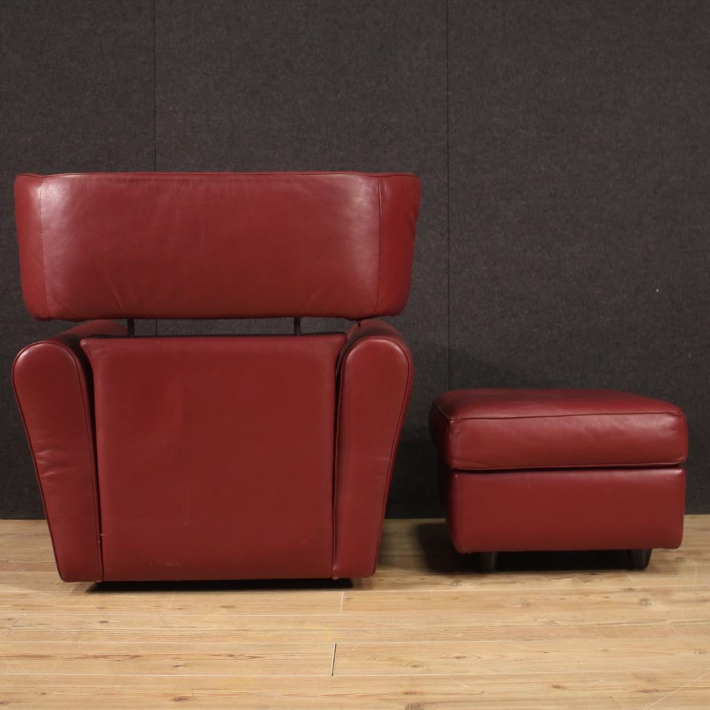 Set of 20th Century Red Leather Italian Zanotta Armchair with Footstool, 1980 6