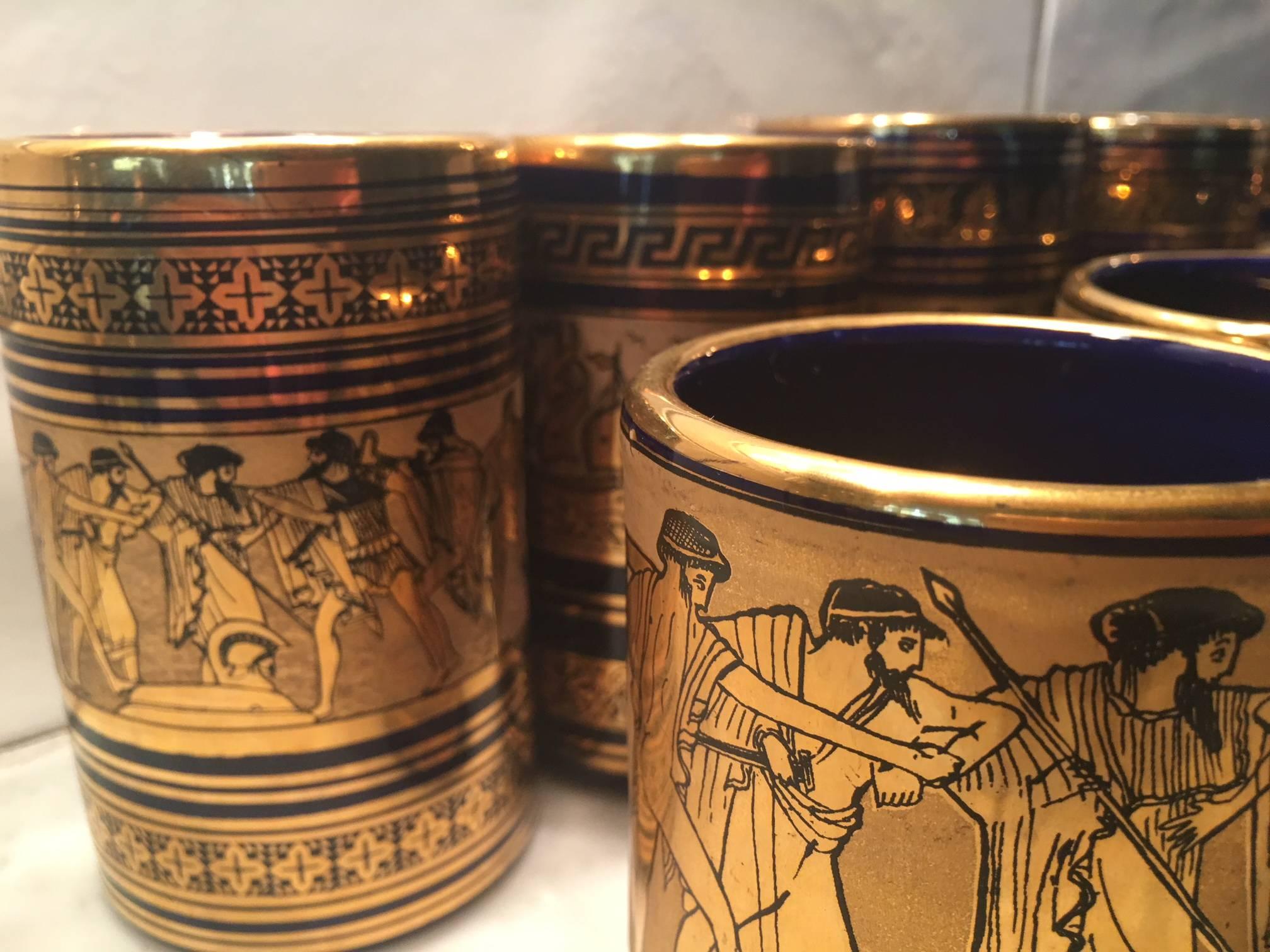 Hand-Painted Set of 21 Greek Cobalt Glasses with Gold Overlay For Sale