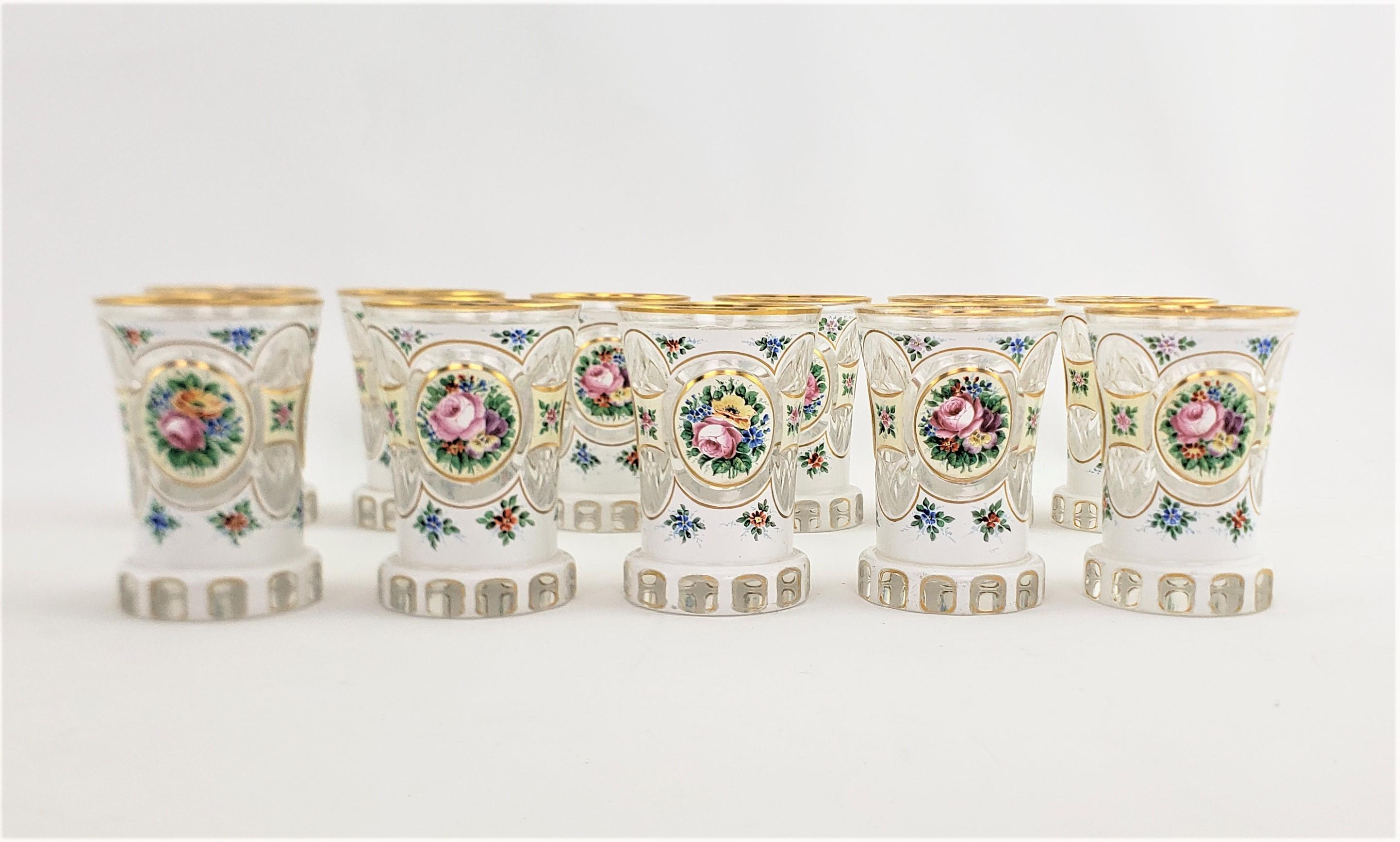 Set of 22 Antique Bohemian Cased & Enameled Champagne Stemware & Water Glasses 6