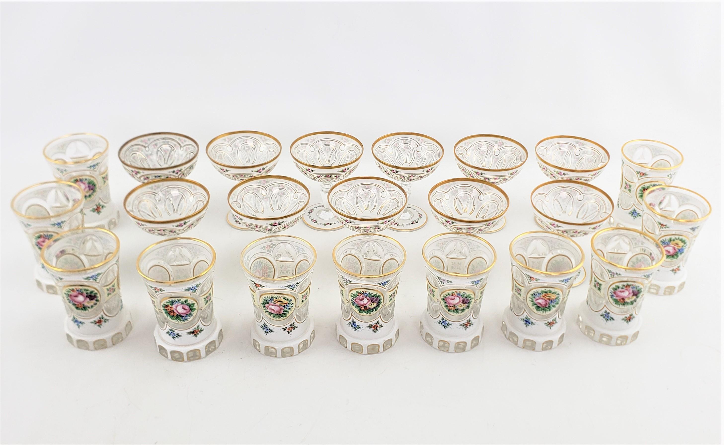 Art Deco Set of 22 Antique Bohemian Cased & Enameled Champagne Stemware & Water Glasses