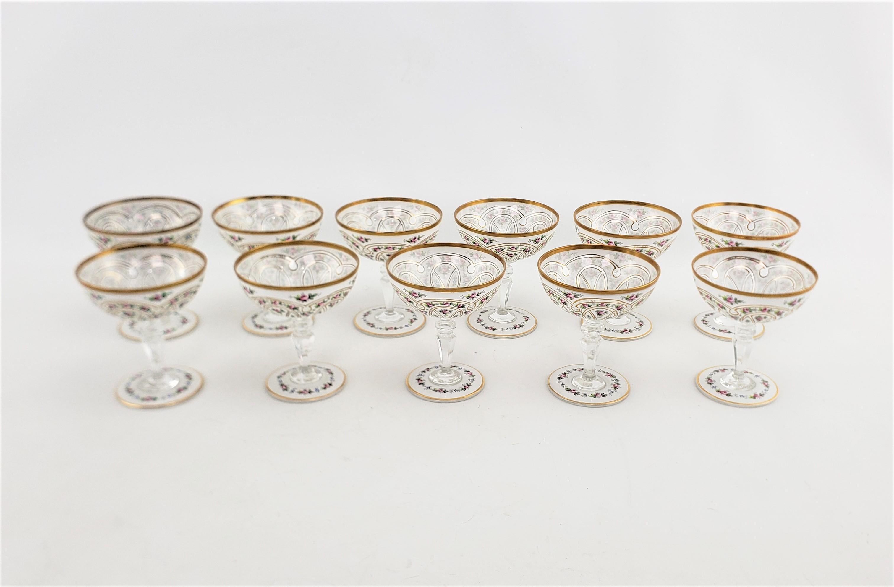 Czech Set of 22 Antique Bohemian Cased & Enameled Champagne Stemware & Water Glasses