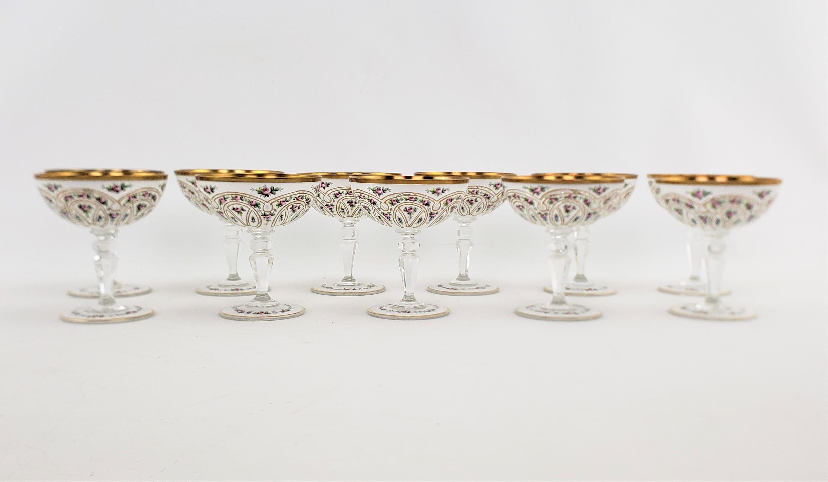 Set of 22 Antique Bohemian Cased & Enameled Champagne Stemware & Water Glasses In Good Condition In Hamilton, Ontario