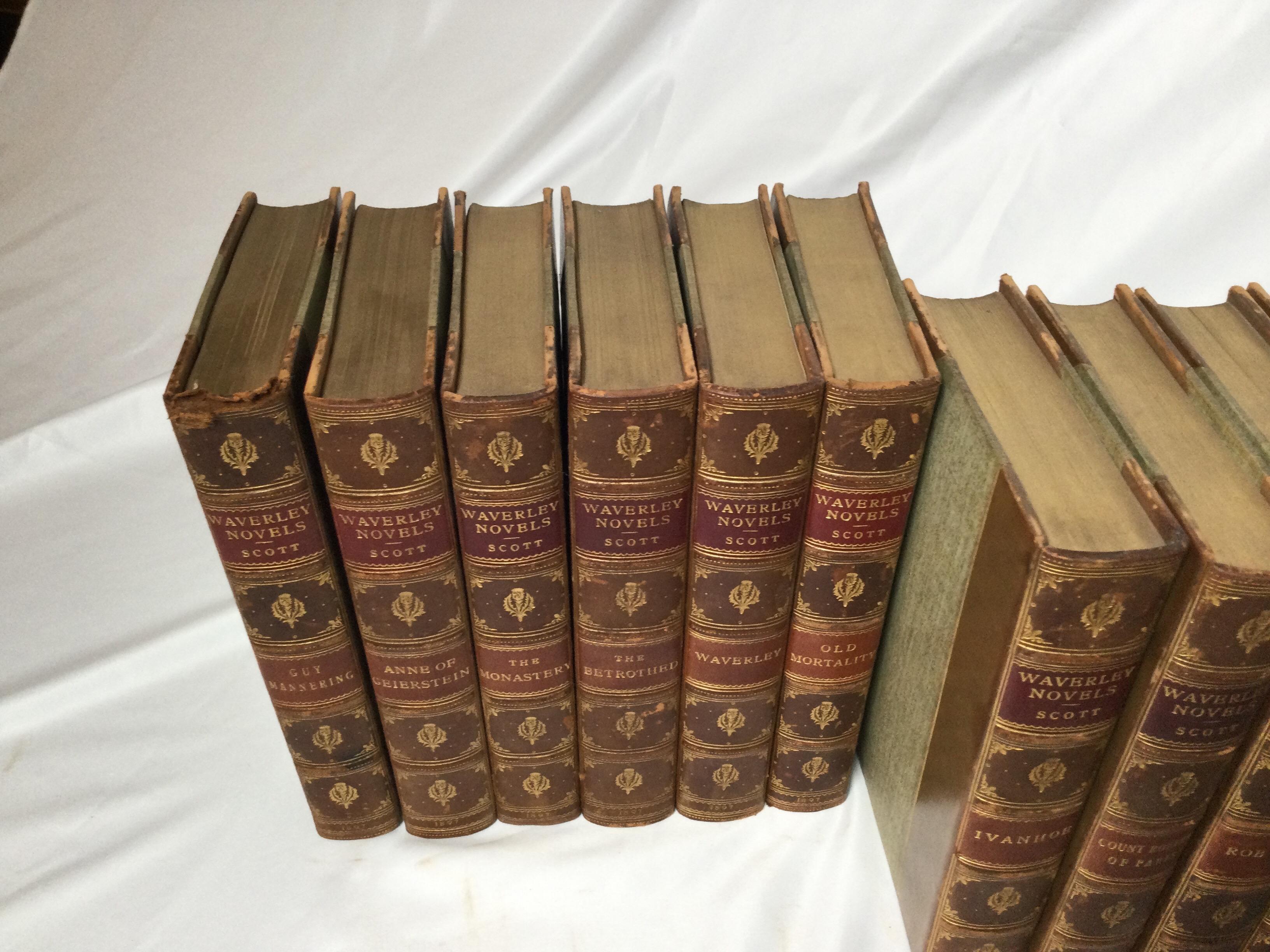 Set of 22 leather bound books, The Waverly Novels by Sir Walter Scott.
Published in London, Adam & Charles Black, circa 1897.
Great for a collector or someone finishing a library.
Dimensions: 8