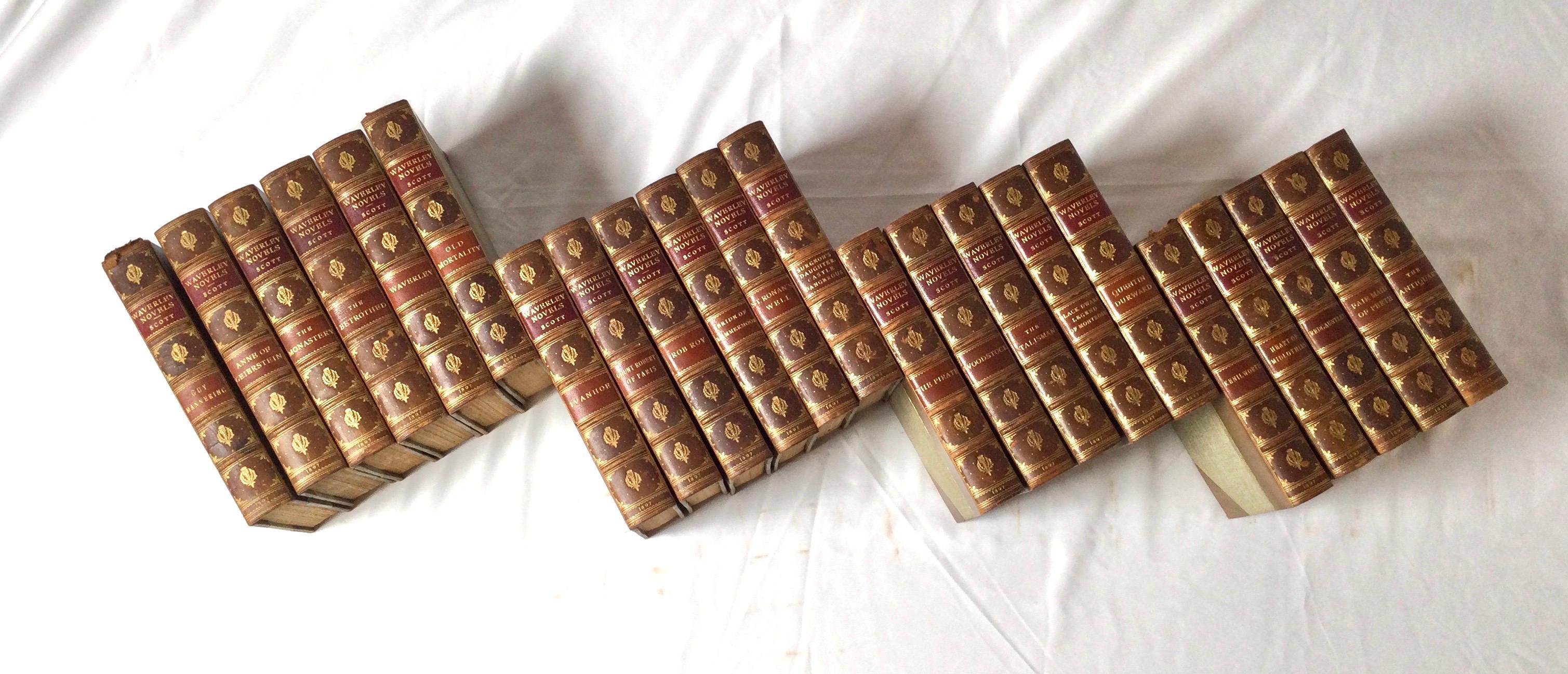 English Set of 22 Leather Bound Books, The Waverly Novels by Sir Walter Scott