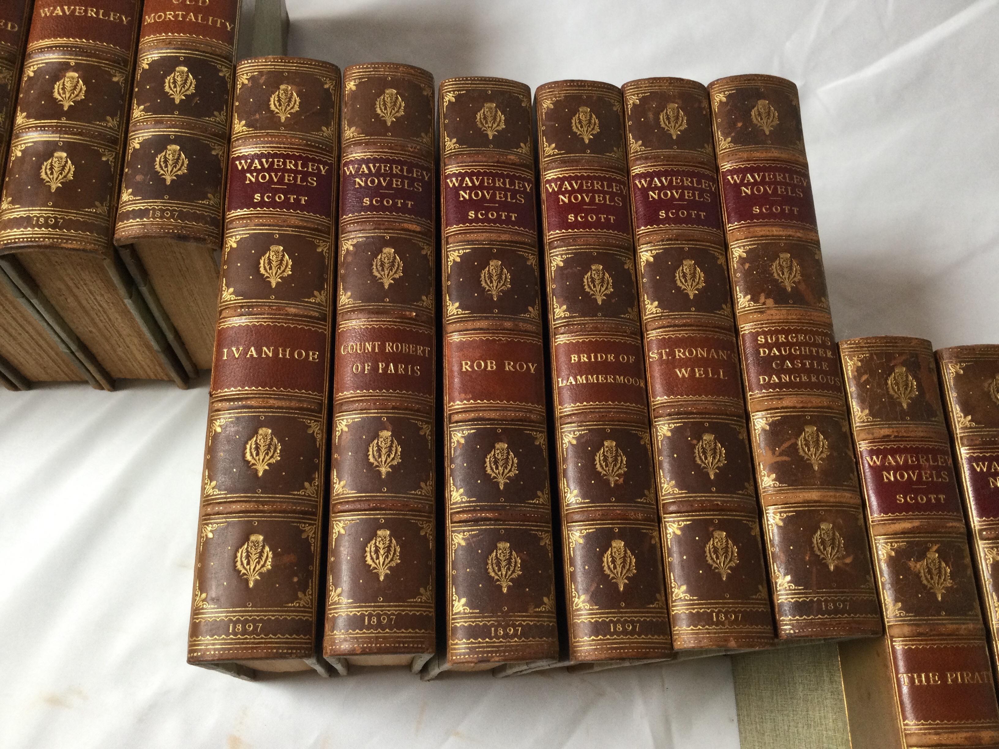 19th Century Set of 22 Leather Bound Books, The Waverly Novels by Sir Walter Scott