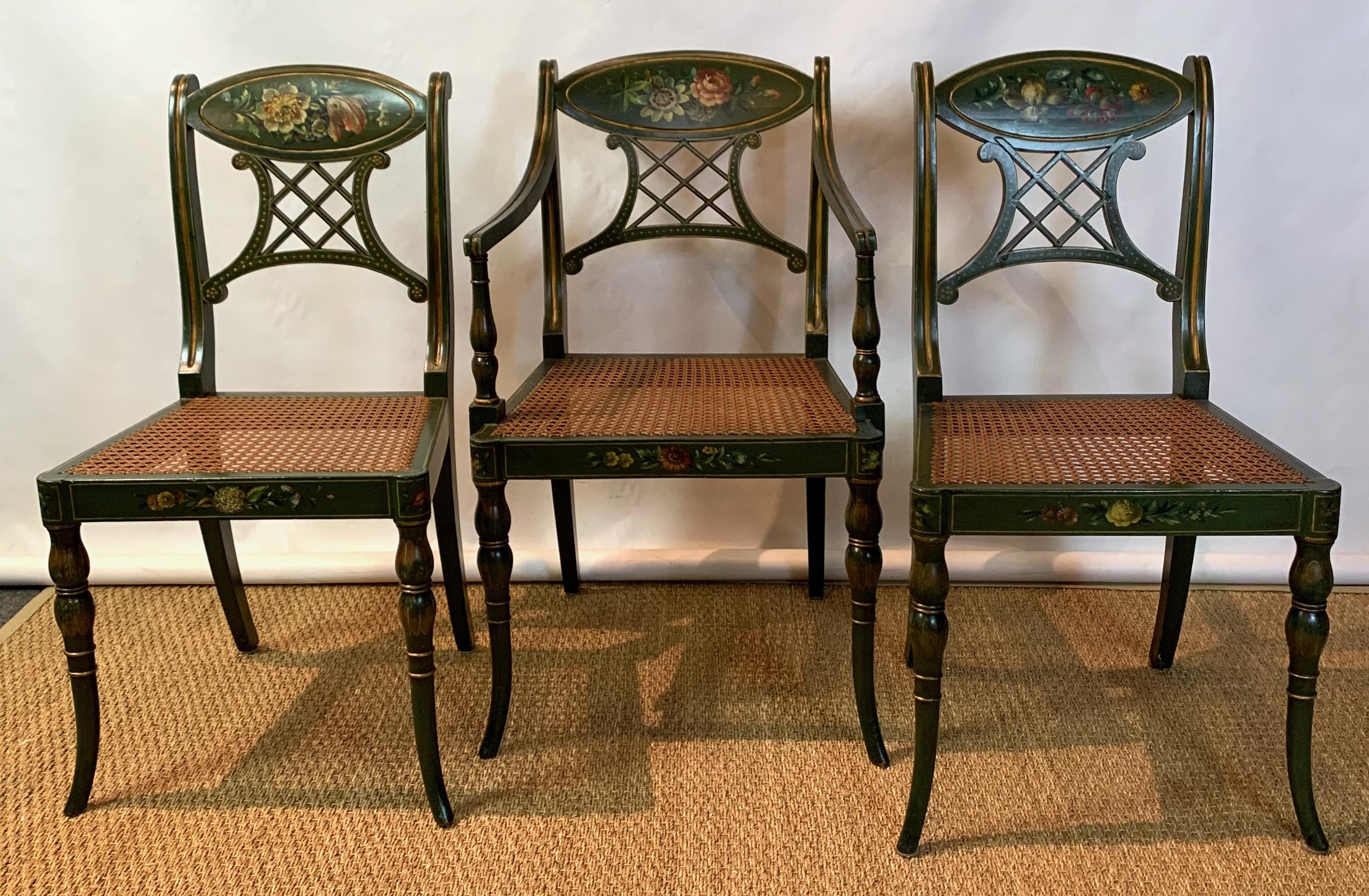 English Set of 22 Paint Decorated Regency Style Dining Chairs