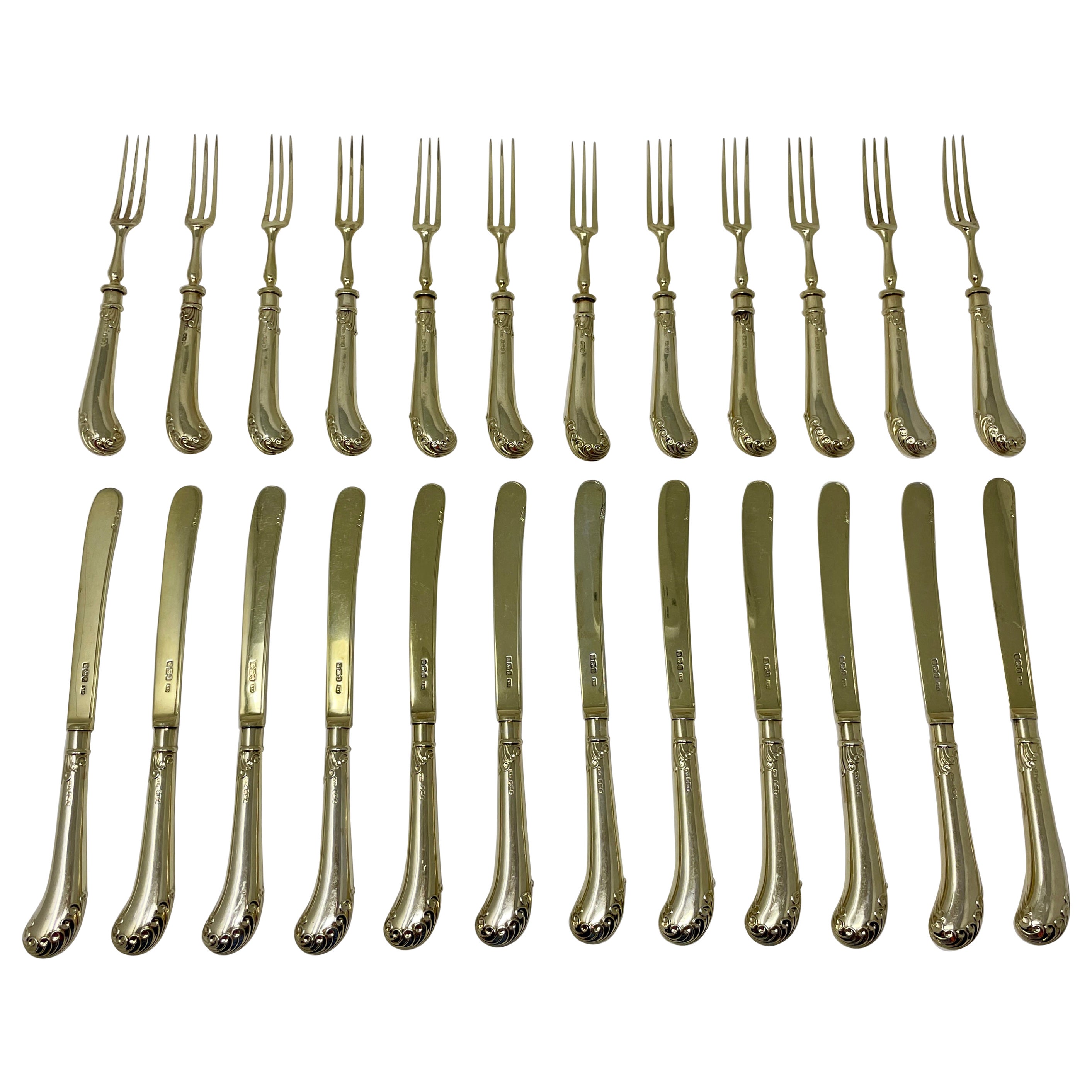 Set of 24 Antique English Vermeil Gold on Sterling Silver Dessert Cutlery