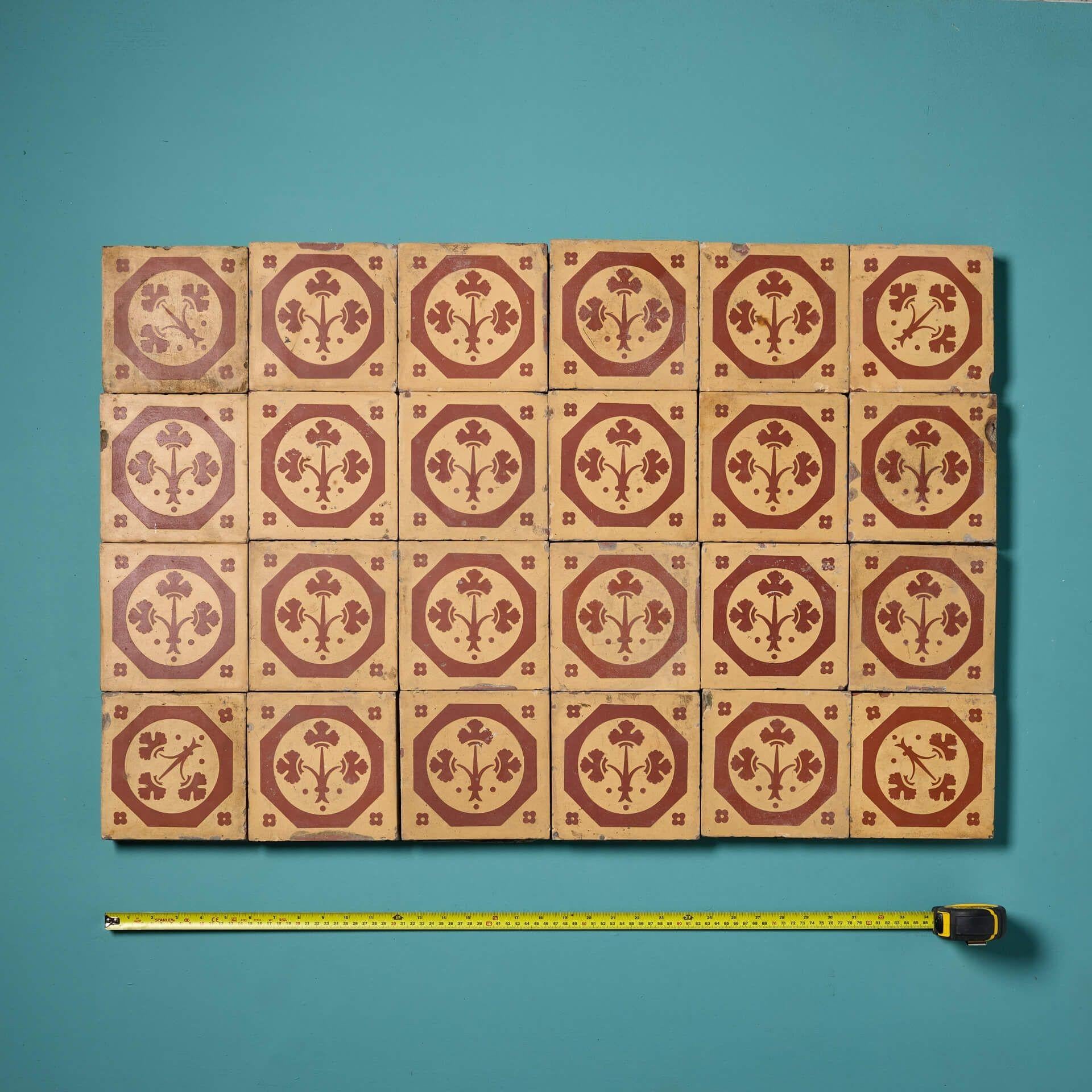 A set of 24 antique encaustic floor tiles by Maw & Co. Dating to circa 1870, the set comprises of twenty-four 6-inch tiles in Pugin style with a buff finish.

These impressive tiles showcase a repeating octagonal pattern of stylised foliage in a