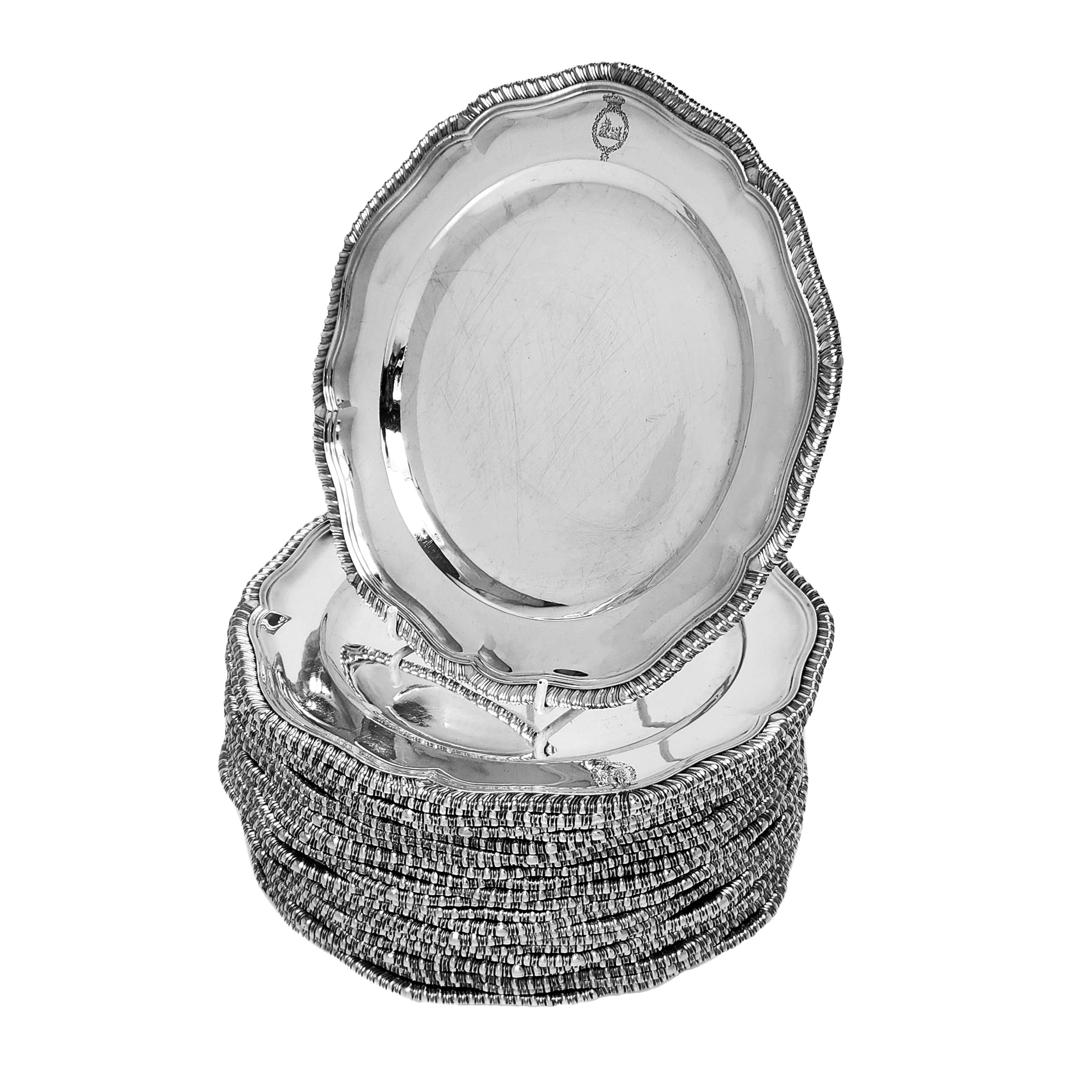 Set of 24 Antique Victorian Sterling Silver Dinner Plates 1865 Gadroon Border In Good Condition In London, GB