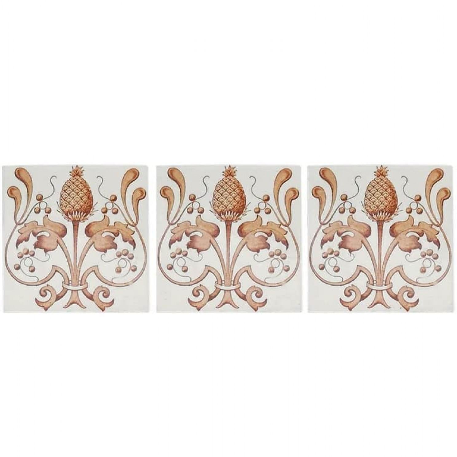 A unique and antique set of 24 Art Nouveau handmade tiles. Manufactured in Belgium, around 1920. A beautiful pattern and color (red brown). These tiles would be charming displayed on easels, framed or incorporated into a custom tile design.

Size