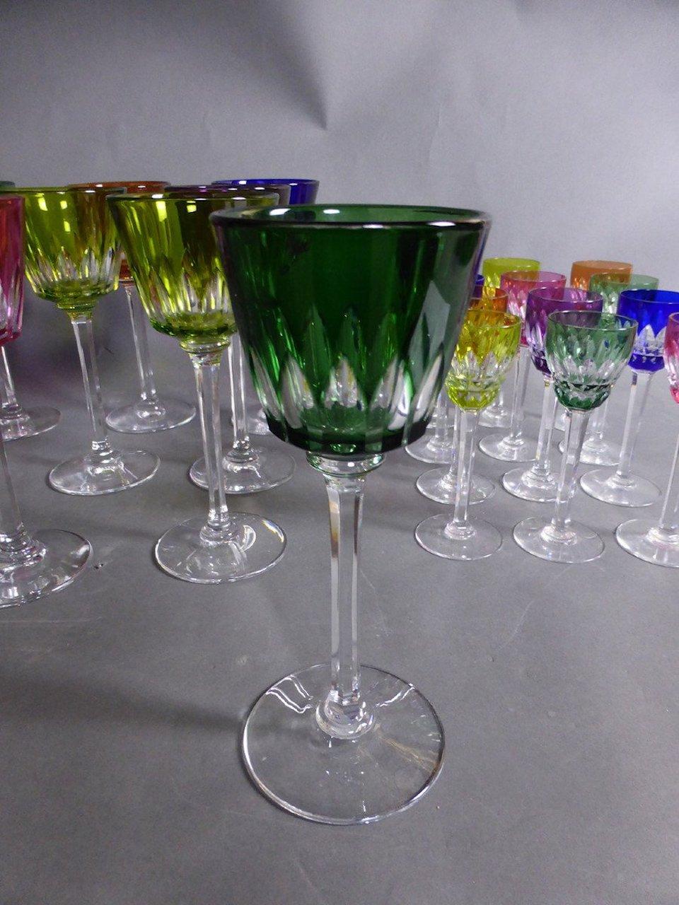 Mid-20th Century Set of 24 Colored Crystal Glasses by Bacarrat
