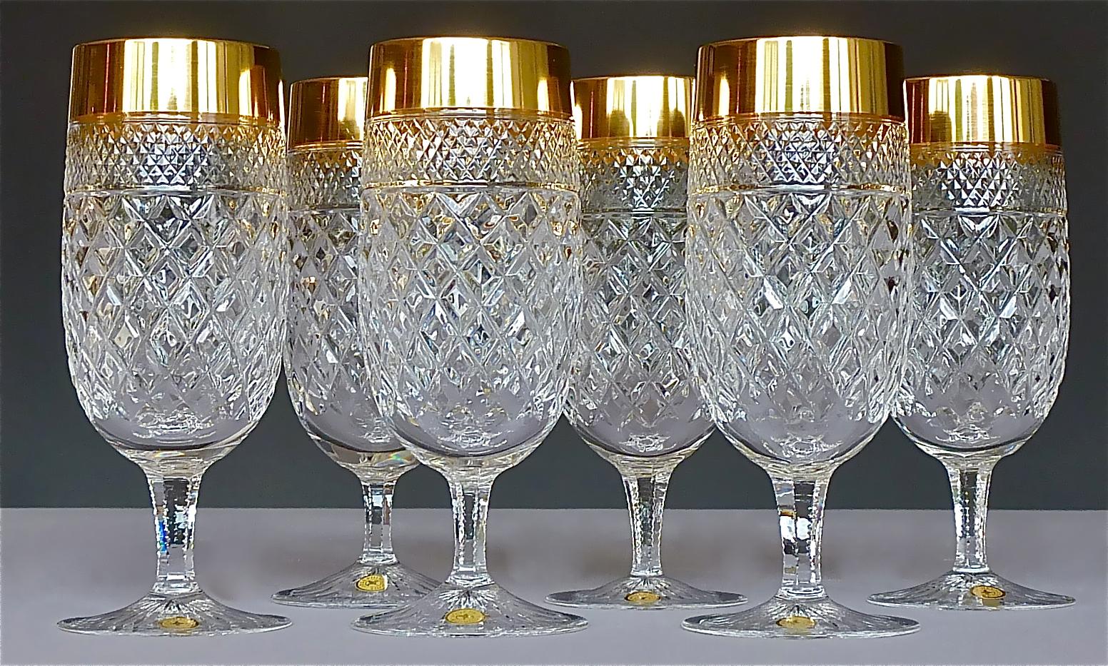 Set of 24 Crystal Gold Josephinenhuette Glasses Champagne Wine Beer Water 1970s 3
