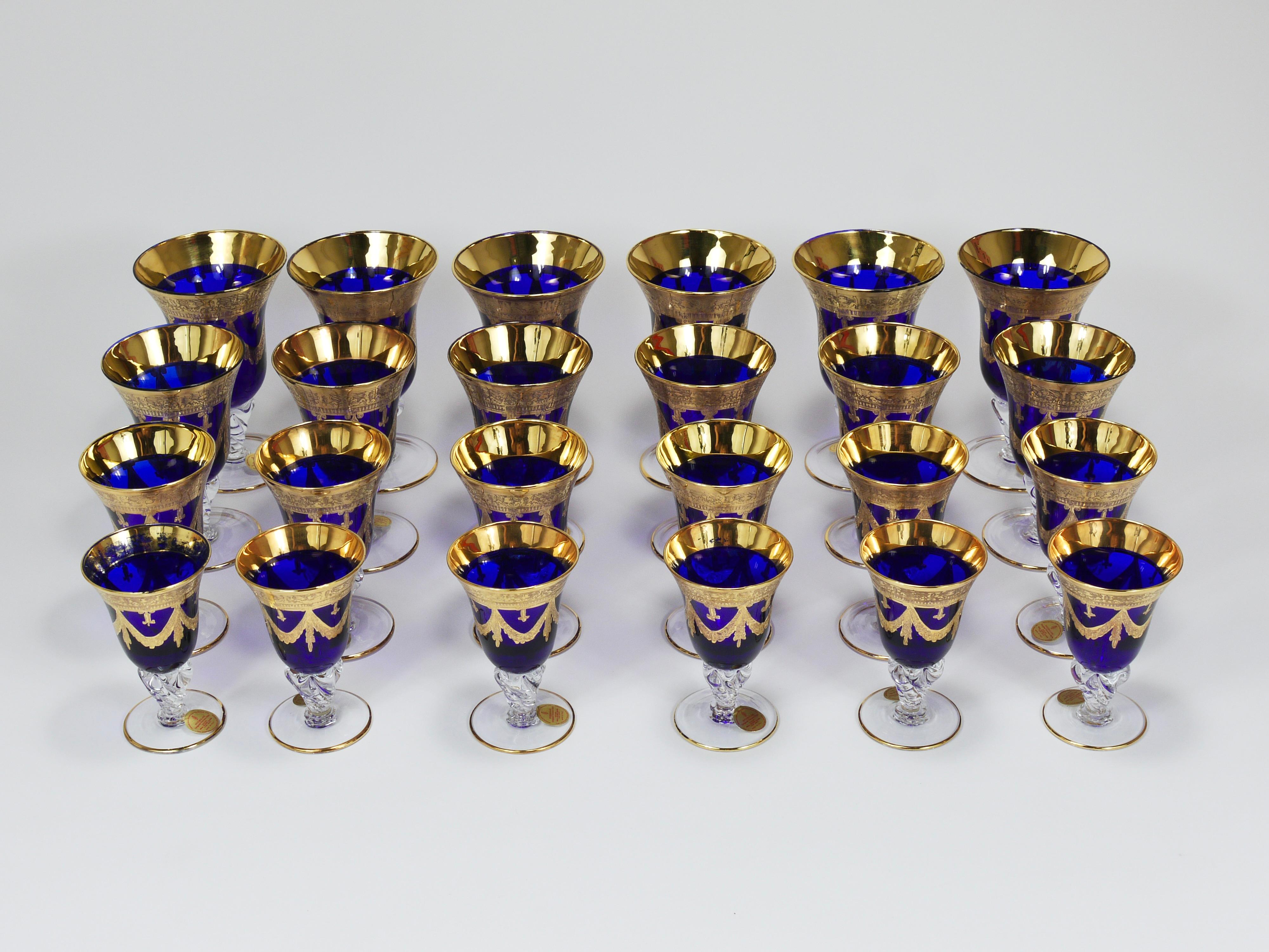 Set Of 24 Empire Style Cobalt Blue & Gold Crystal Goblets Glasses, Italy, 1970s For Sale 5
