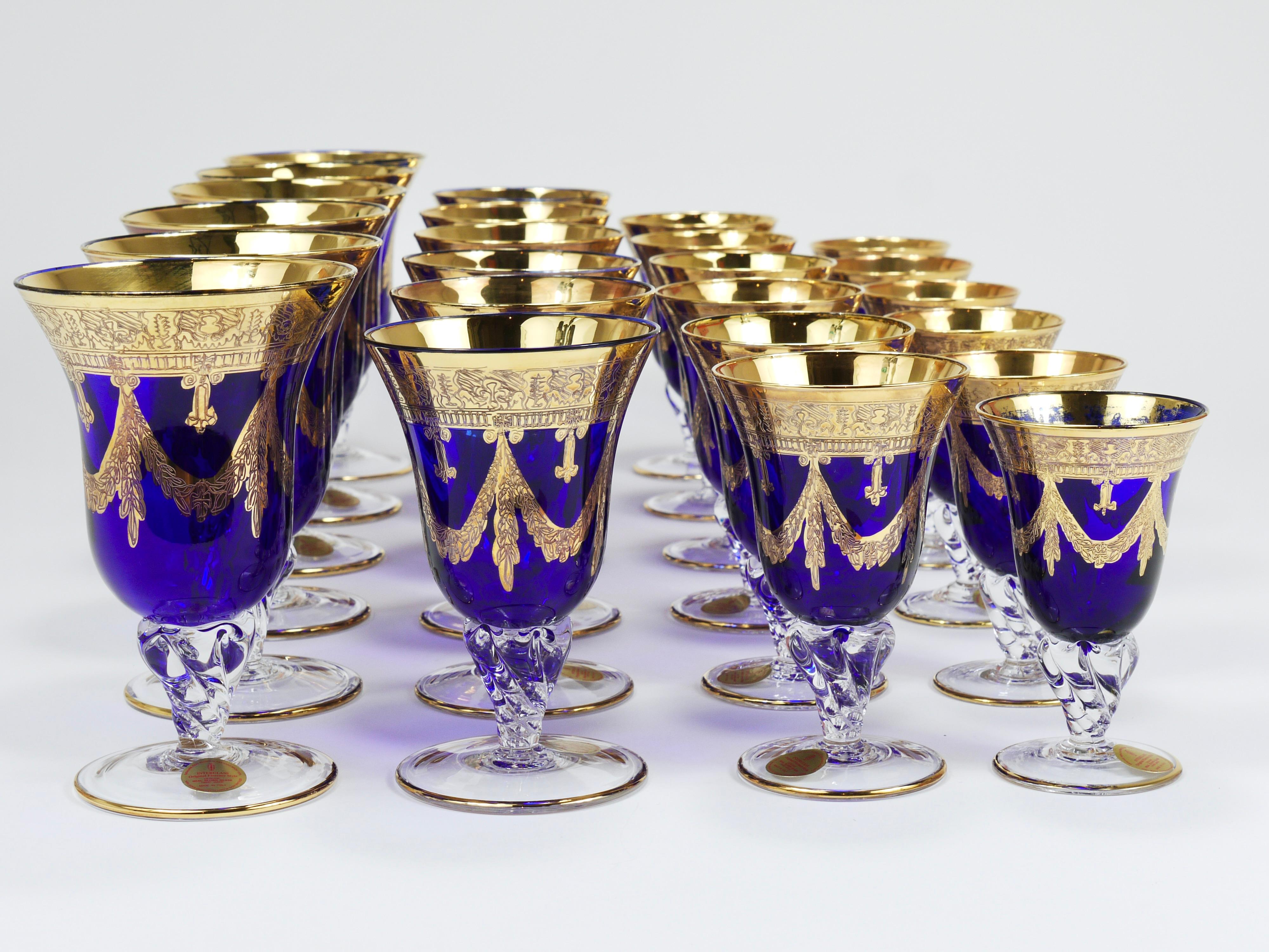 Set Of 24 Empire Style Cobalt Blue & Gold Crystal Goblets Glasses, Italy, 1970s For Sale 6