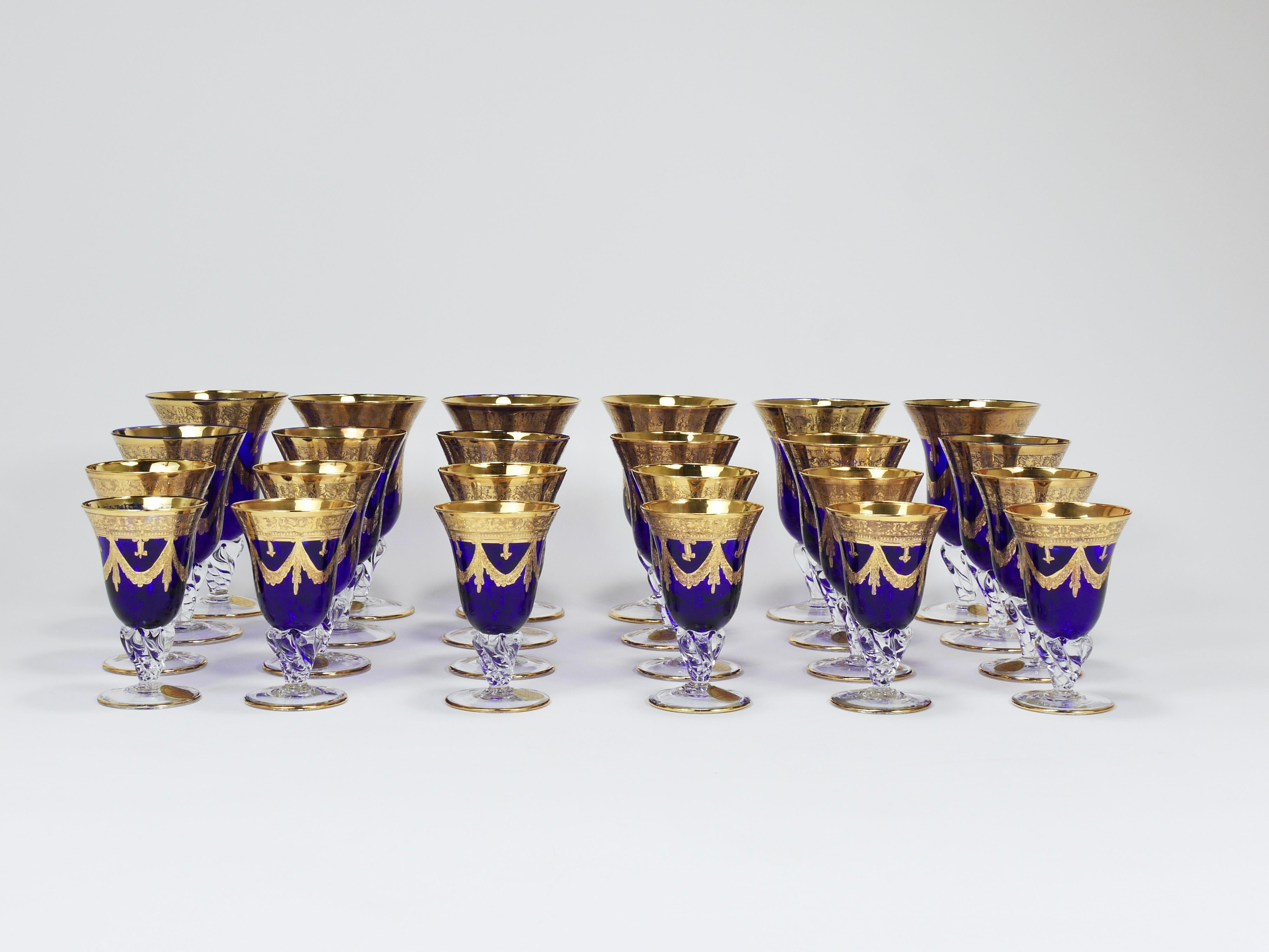 Set Of 24 Empire Style Cobalt Blue & Gold Crystal Goblets Glasses, Italy, 1970s For Sale 7