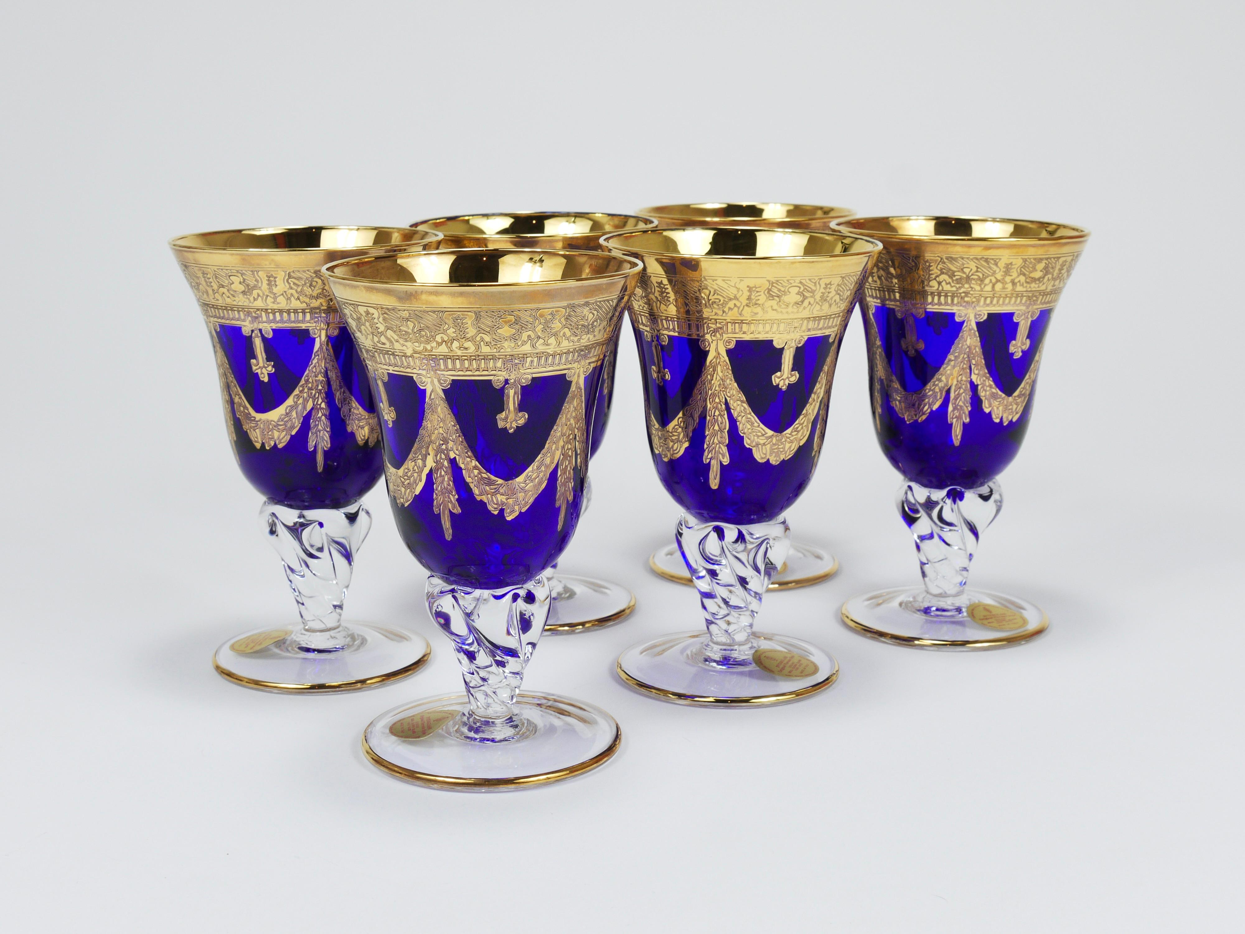Set Of 24 Empire Style Cobalt Blue & Gold Crystal Goblets Glasses, Italy, 1970s For Sale 8