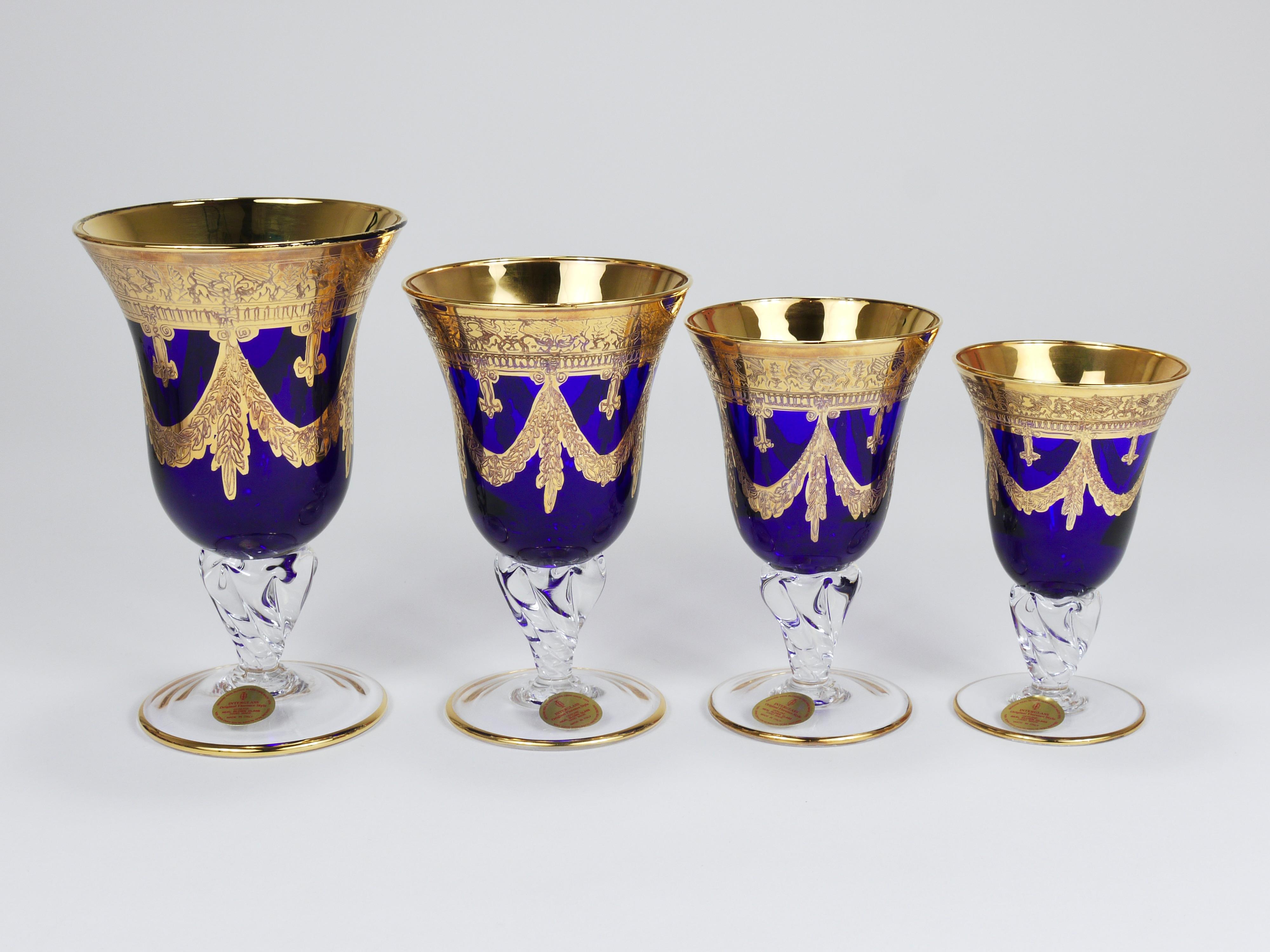 Set Of 24 Empire Style Cobalt Blue & Gold Crystal Goblets Glasses, Italy, 1970s For Sale 9