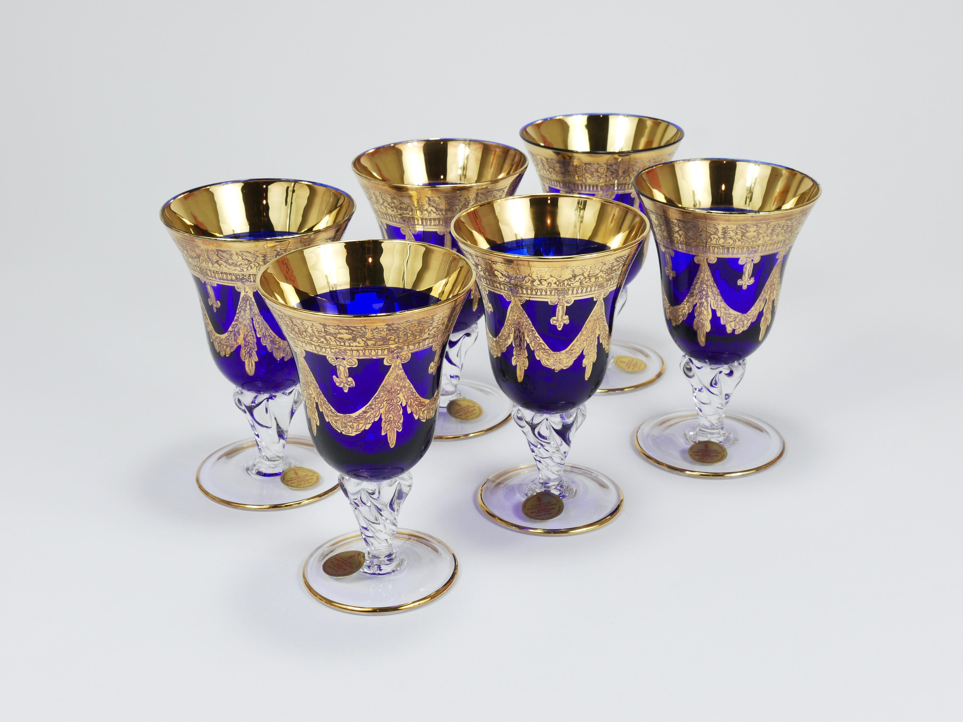 Set Of 24 Empire Style Cobalt Blue & Gold Crystal Goblets Glasses, Italy, 1970s For Sale 11