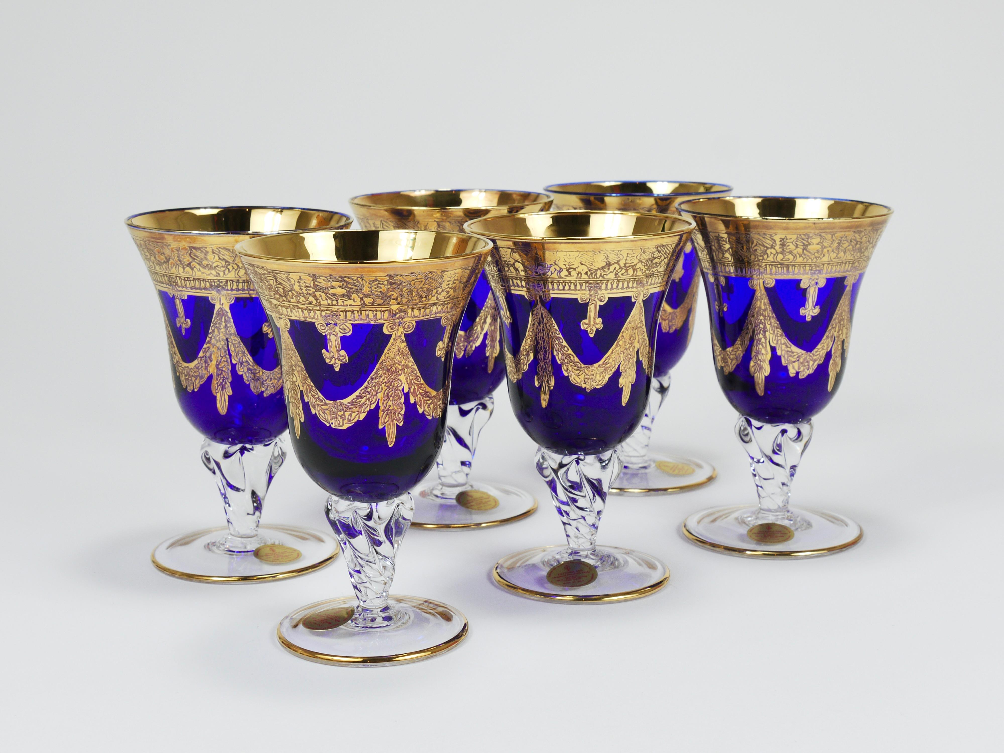 Set Of 24 Empire Style Cobalt Blue & Gold Crystal Goblets Glasses, Italy, 1970s For Sale 12