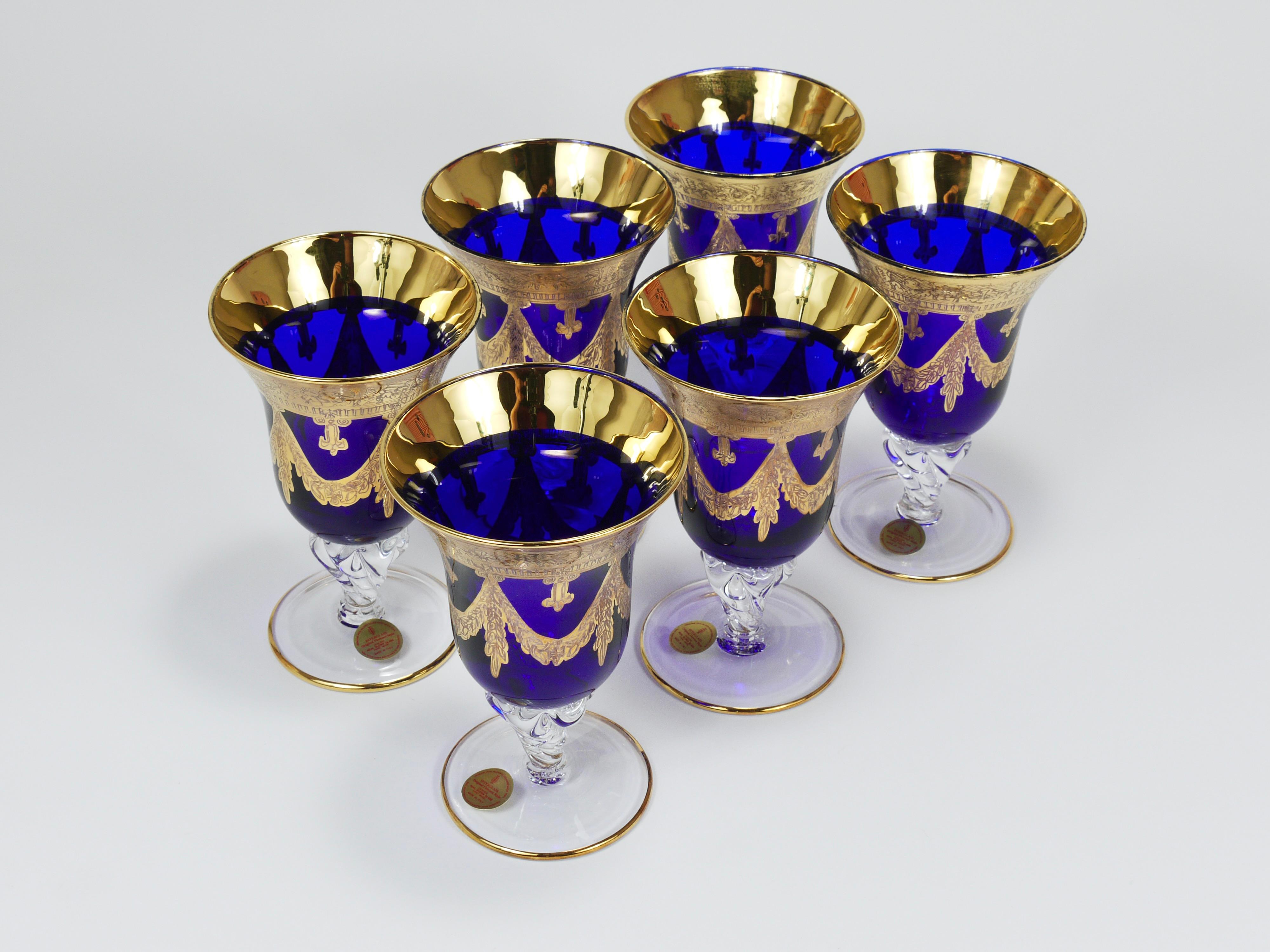 Set Of 24 Empire Style Cobalt Blue & Gold Crystal Goblets Glasses, Italy, 1970s For Sale 13