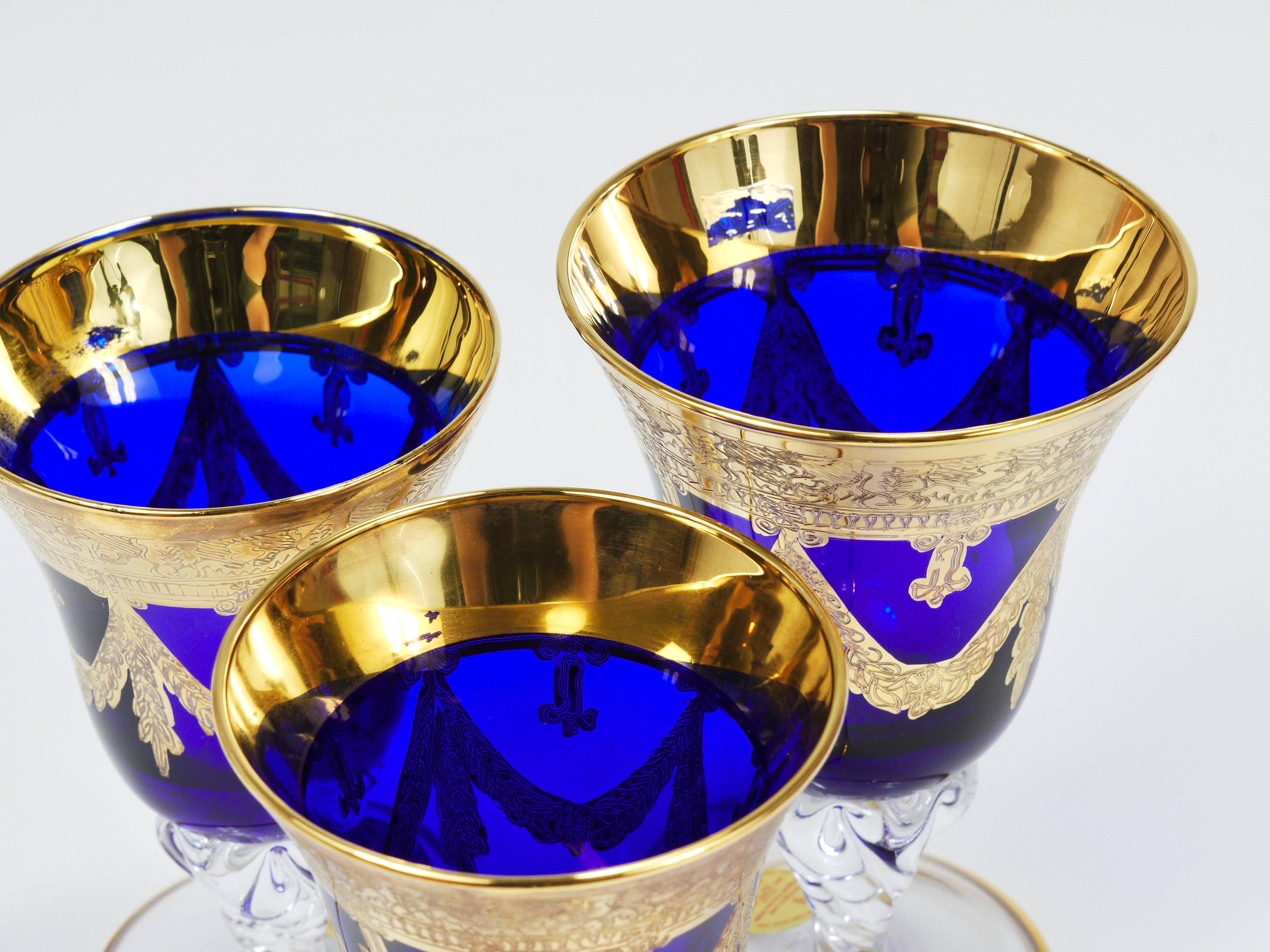 Set Of 24 Empire Style Cobalt Blue & Gold Crystal Goblets Glasses, Italy, 1970s For Sale 14