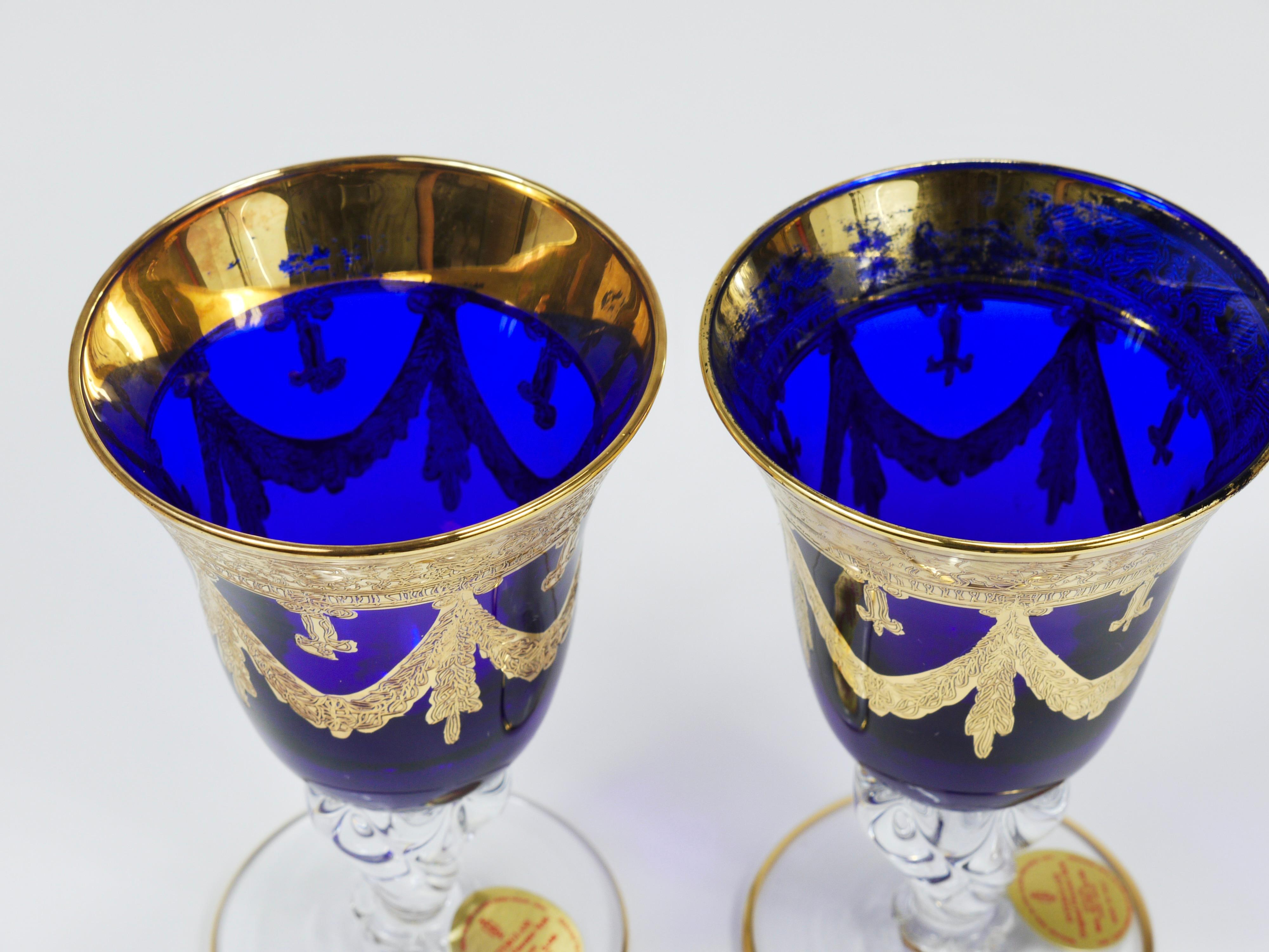 Set Of 24 Empire Style Cobalt Blue & Gold Crystal Goblets Glasses, Italy, 1970s For Sale 15