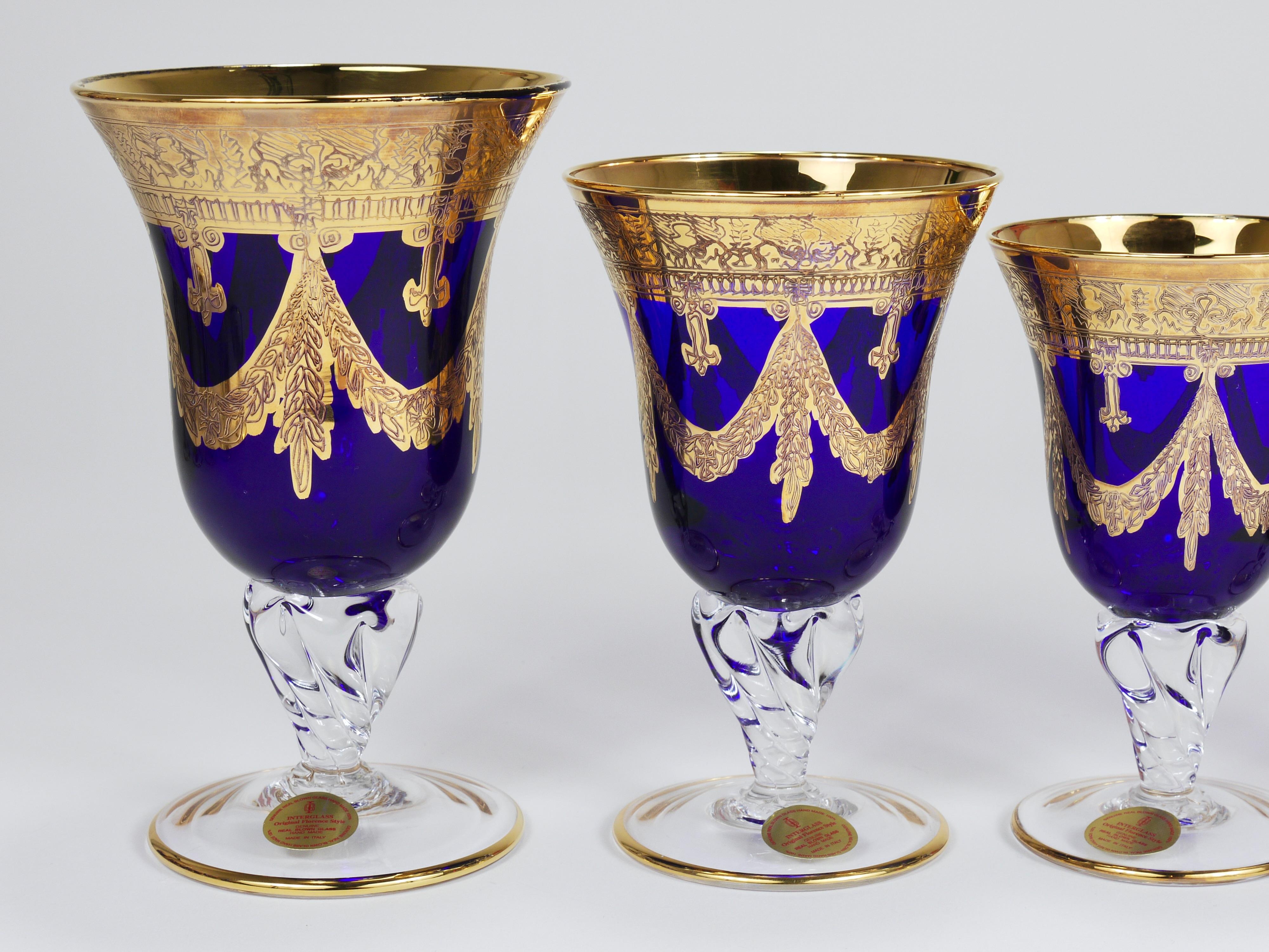 Italian Set Of 24 Empire Style Cobalt Blue & Gold Crystal Goblets Glasses, Italy, 1970s For Sale