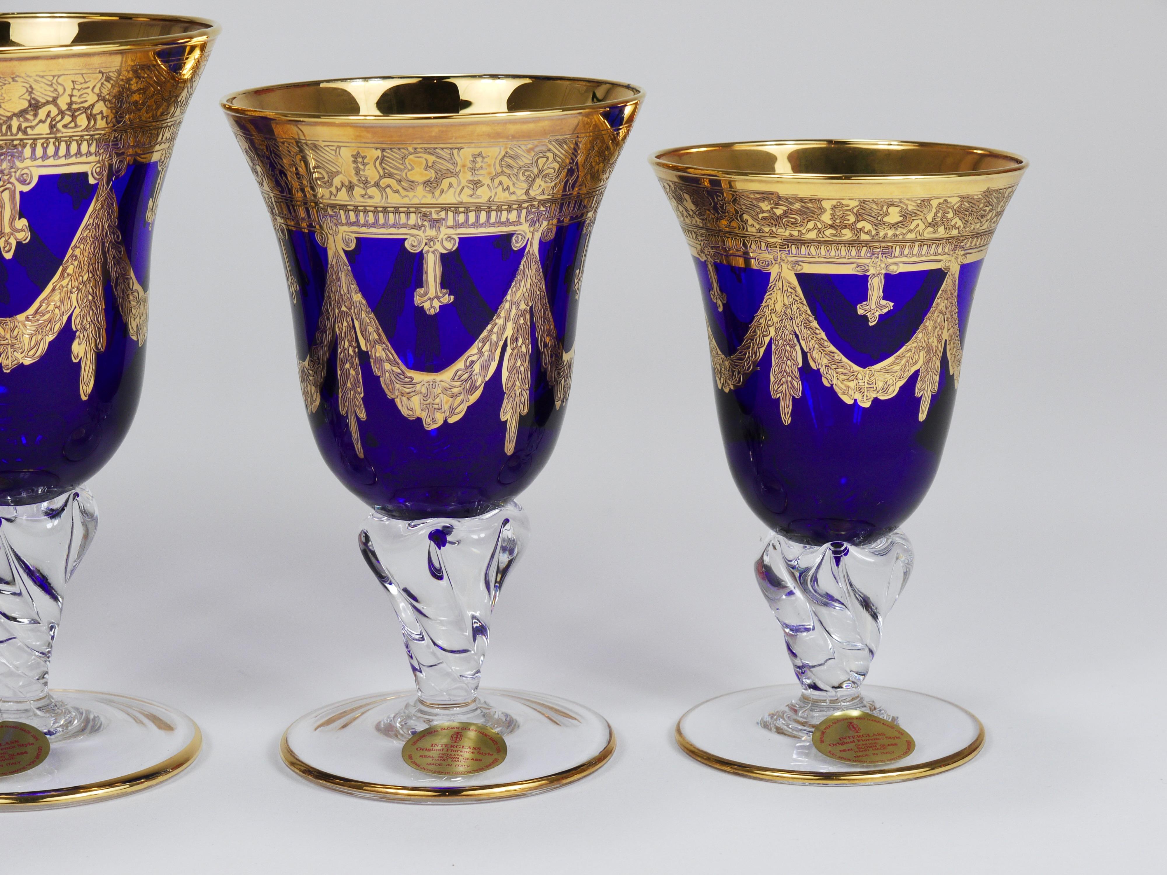 Set Of 24 Empire Style Cobalt Blue & Gold Crystal Goblets Glasses, Italy, 1970s In Good Condition For Sale In Vienna, AT