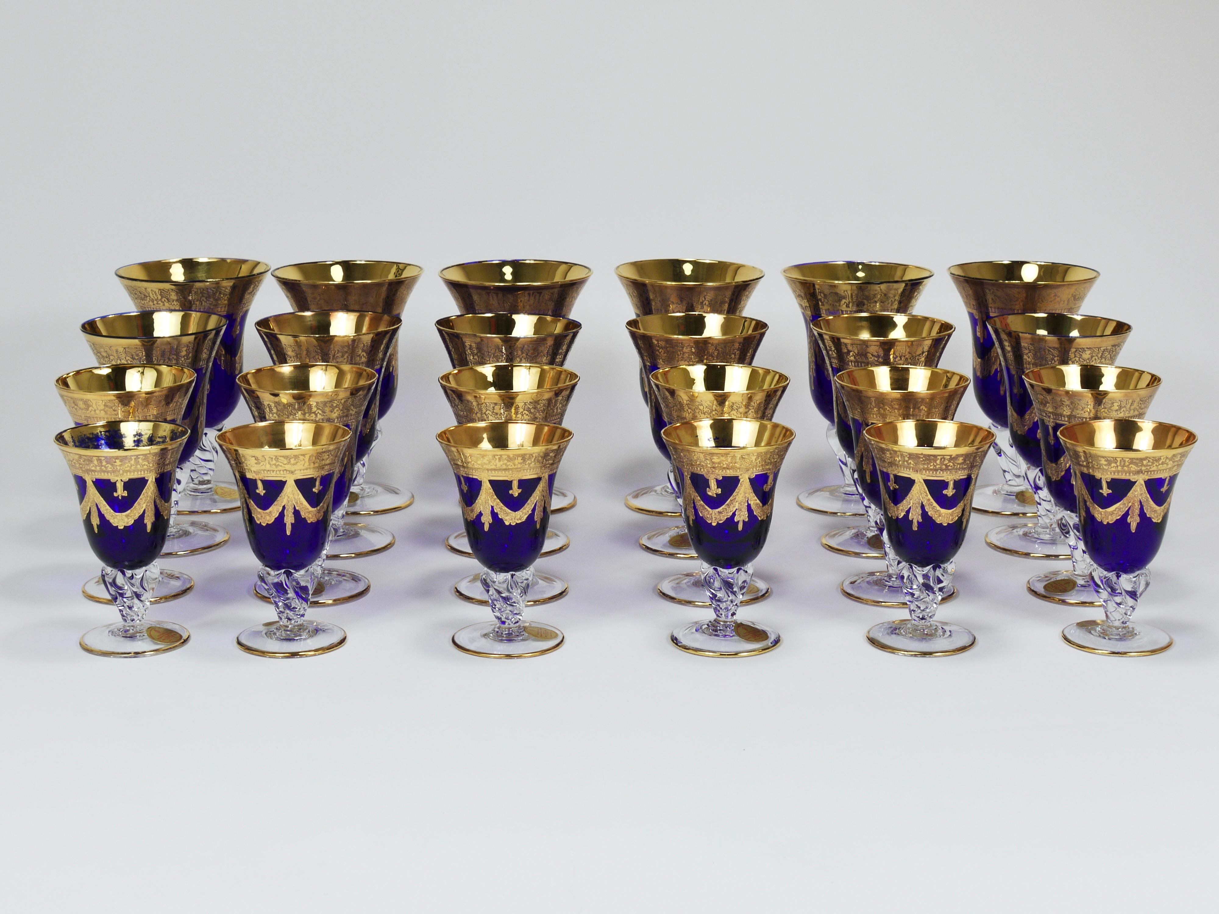 Late 20th Century Set Of 24 Empire Style Cobalt Blue & Gold Crystal Goblets Glasses, Italy, 1970s For Sale