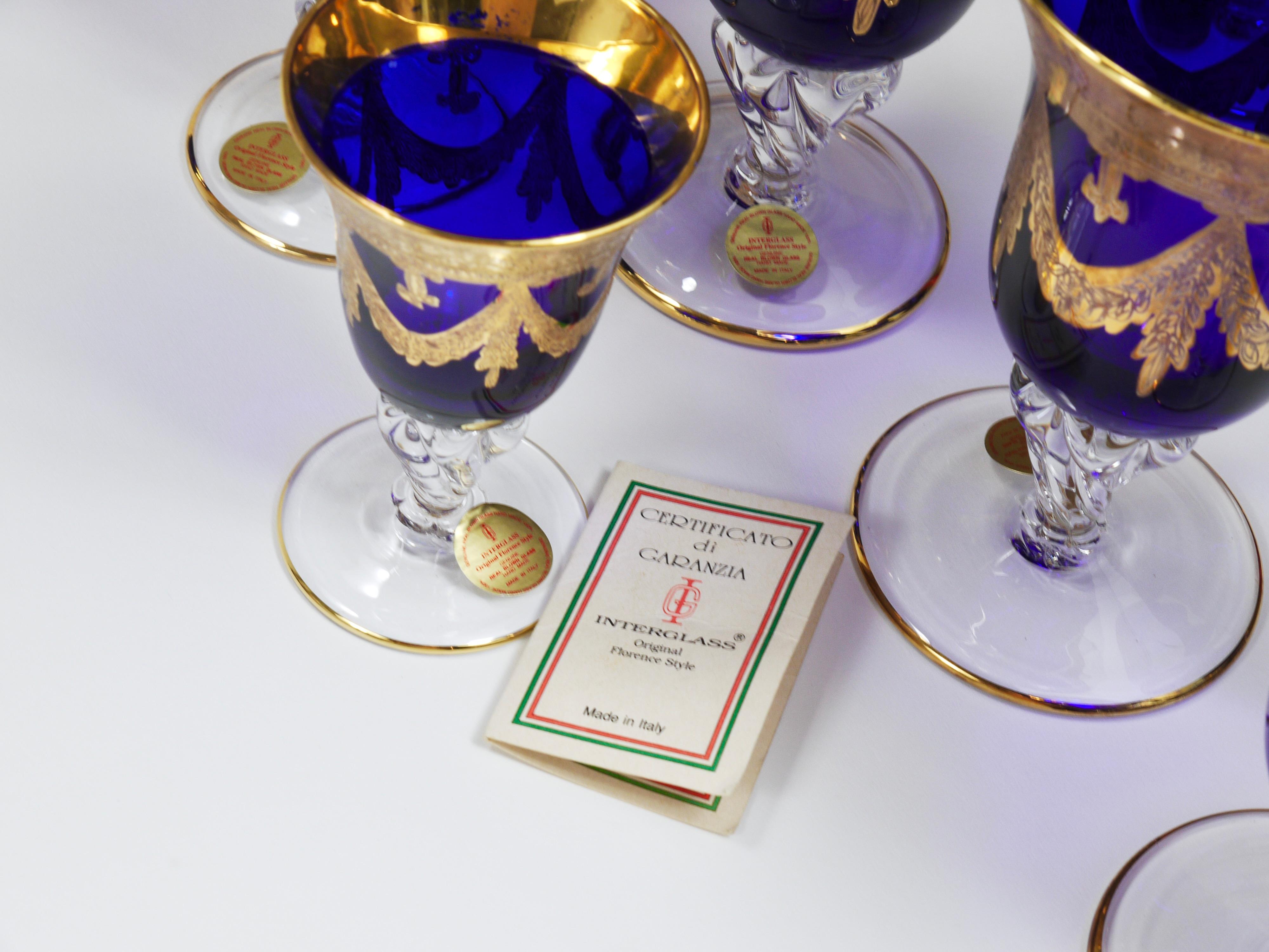 Set Of 24 Empire Style Cobalt Blue & Gold Crystal Goblets Glasses, Italy, 1970s For Sale 1