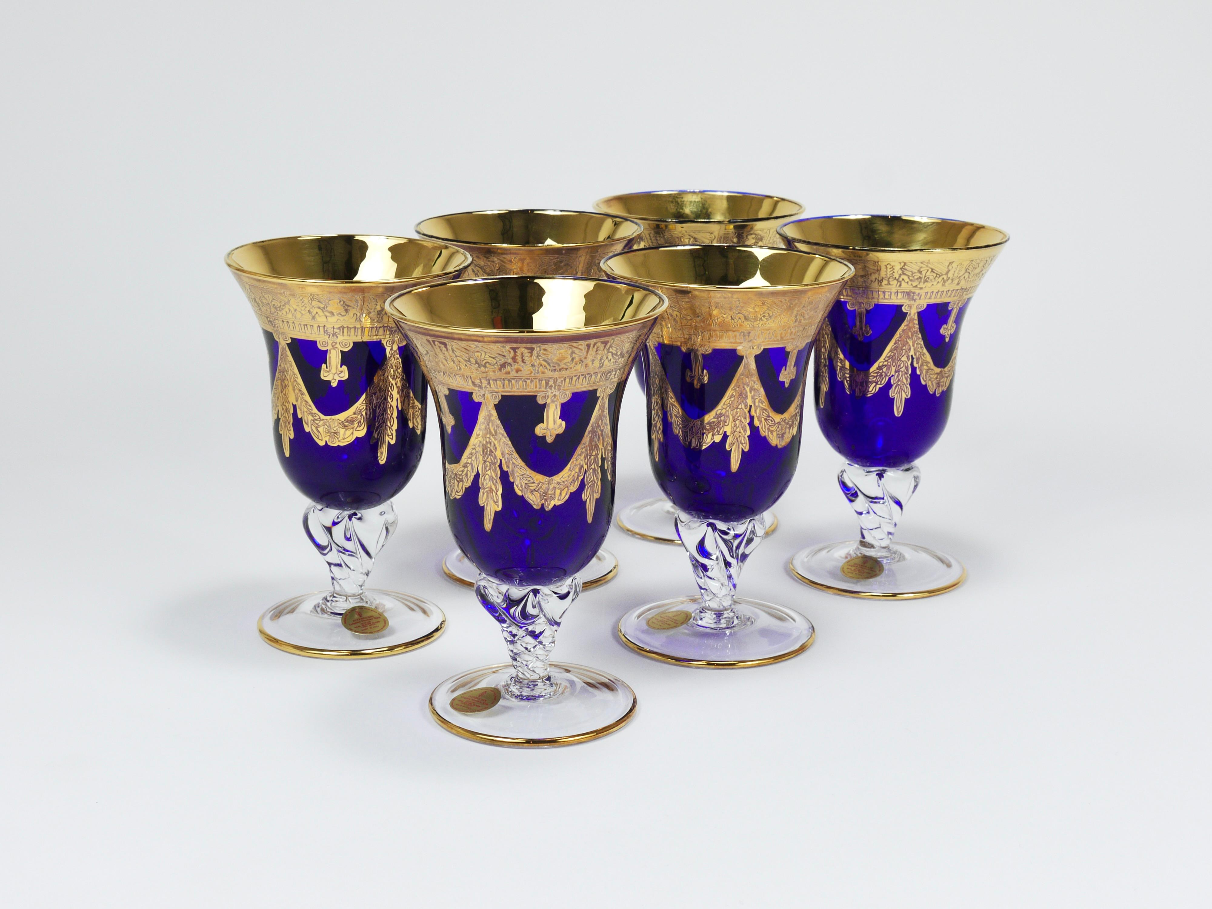 Set Of 24 Empire Style Cobalt Blue & Gold Crystal Goblets Glasses, Italy, 1970s For Sale 2