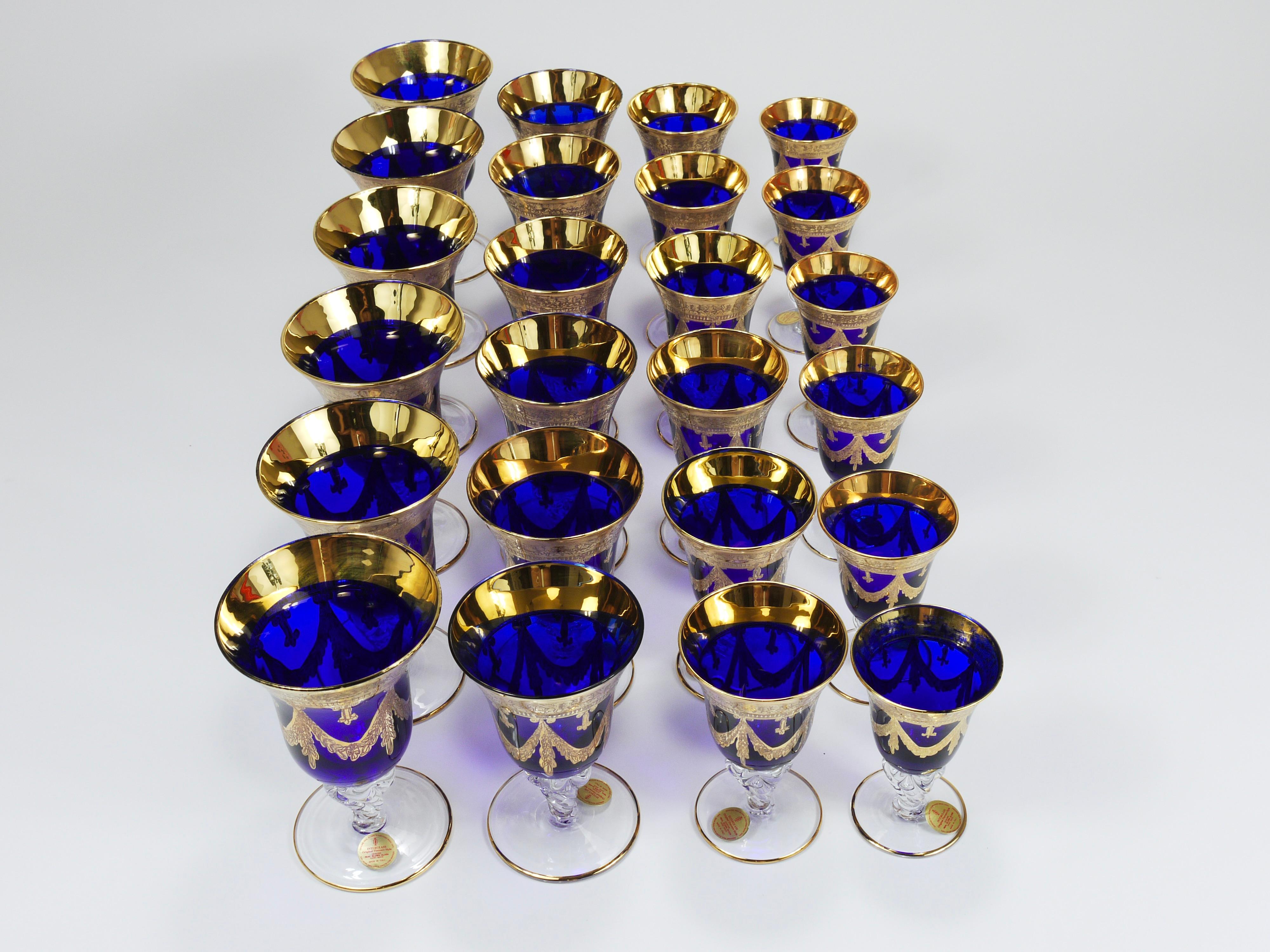 Set Of 24 Empire Style Cobalt Blue & Gold Crystal Goblets Glasses, Italy, 1970s For Sale 3