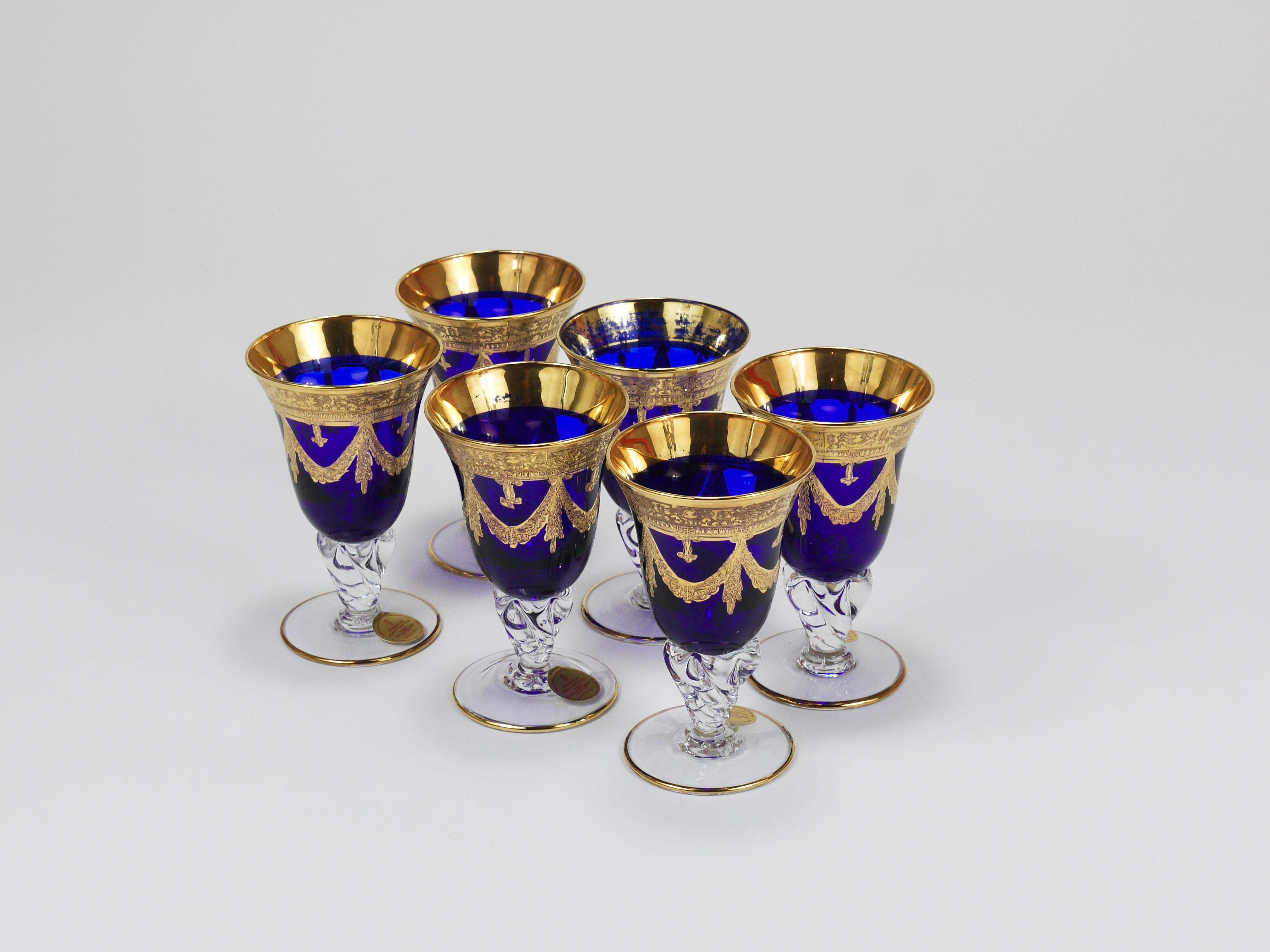 Set Of 24 Empire Style Cobalt Blue & Gold Crystal Goblets Glasses, Italy, 1970s For Sale 4