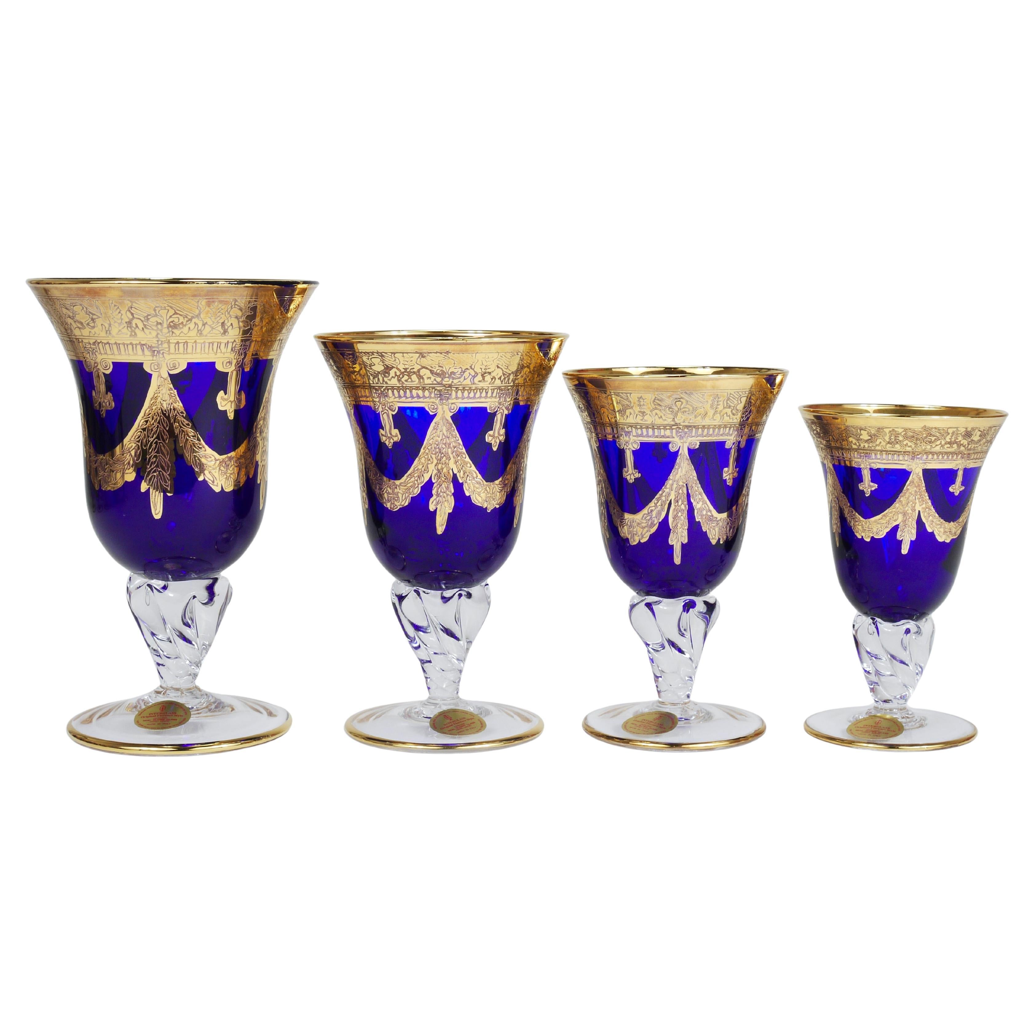 Set Of 24 Empire Style Cobalt Blue & Gold Crystal Goblets Glasses, Italy, 1970s For Sale