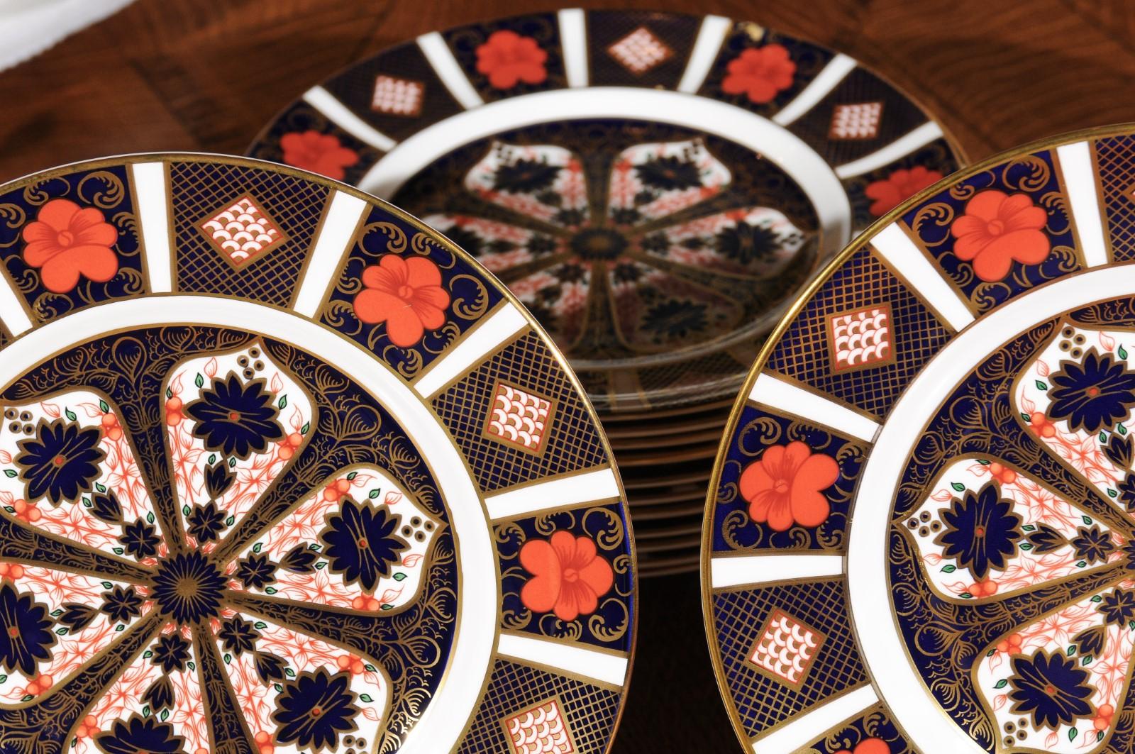 Set of 24 English Royal Crown Derby Porcelain Plates with Old Imari Patterns For Sale 1