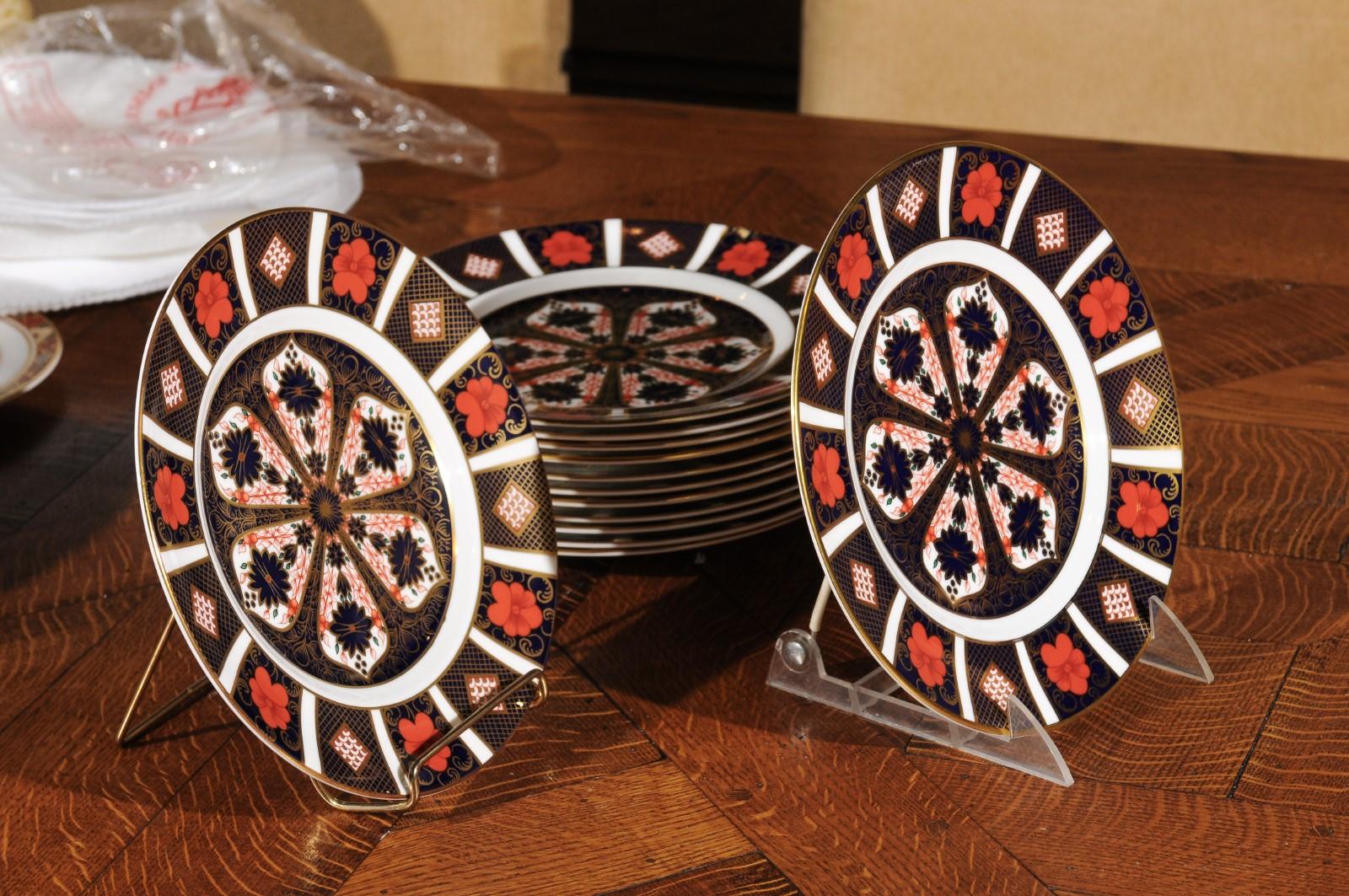 Set of 24 English Royal Crown Derby Porcelain Plates with Old Imari Patterns For Sale 3