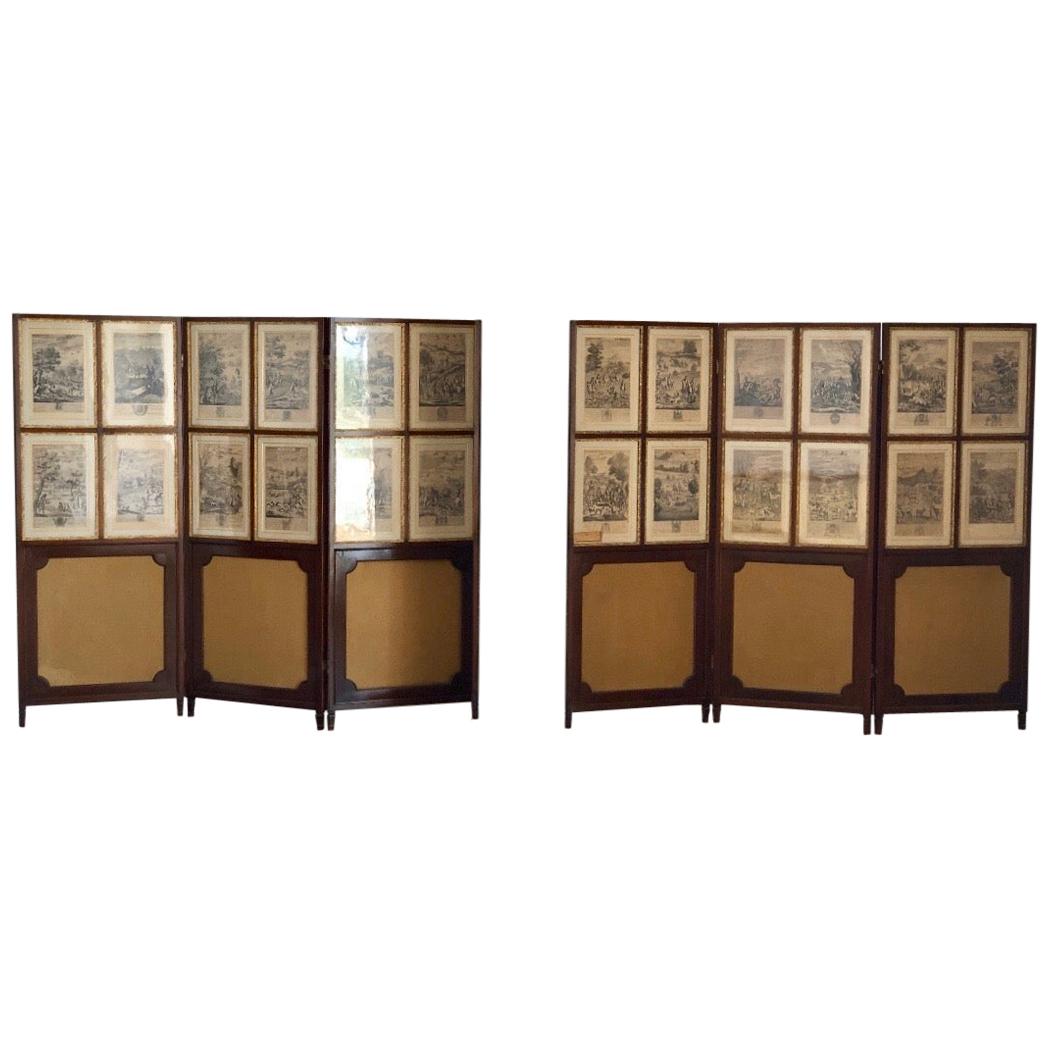 Set of 24 Engravings by Richard Blome Framed in Pair of Regency Screens For Sale