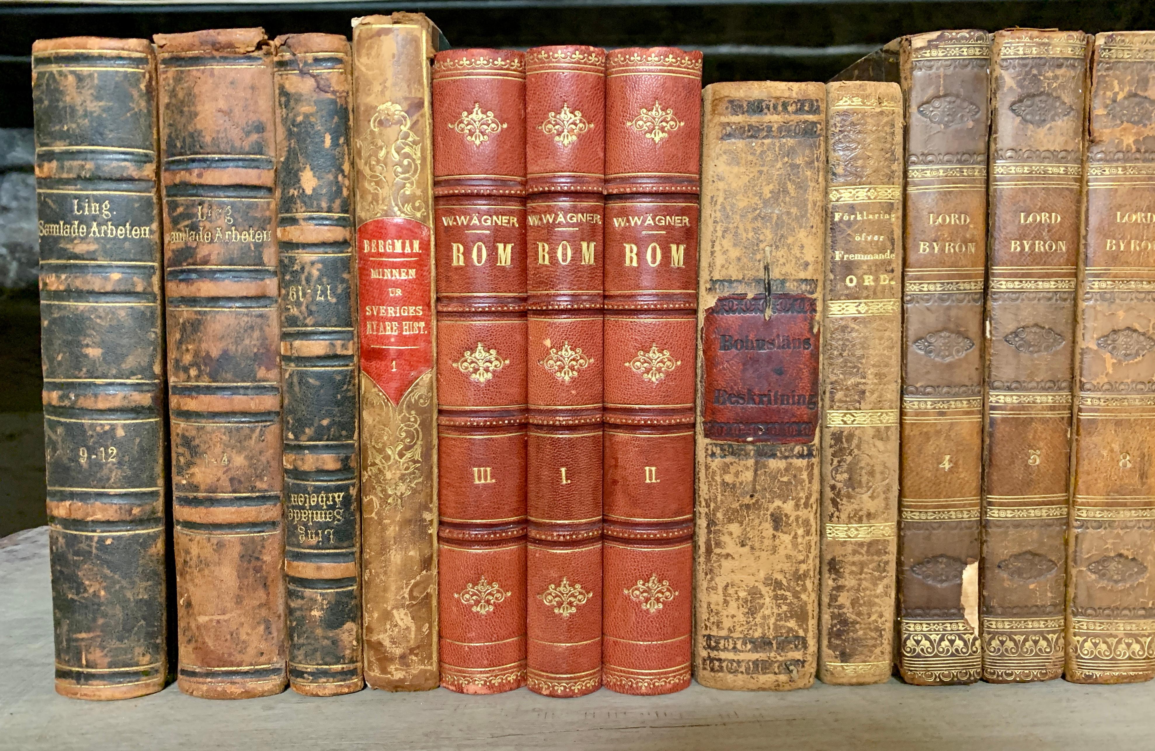 A collection of 24 French and Swedish decorative antique leather-bound library books dated from 1822-1872. One book is dated 1929. In some of these books are included the original maps and lithography.
The books are wrapped in leather-bound covers,