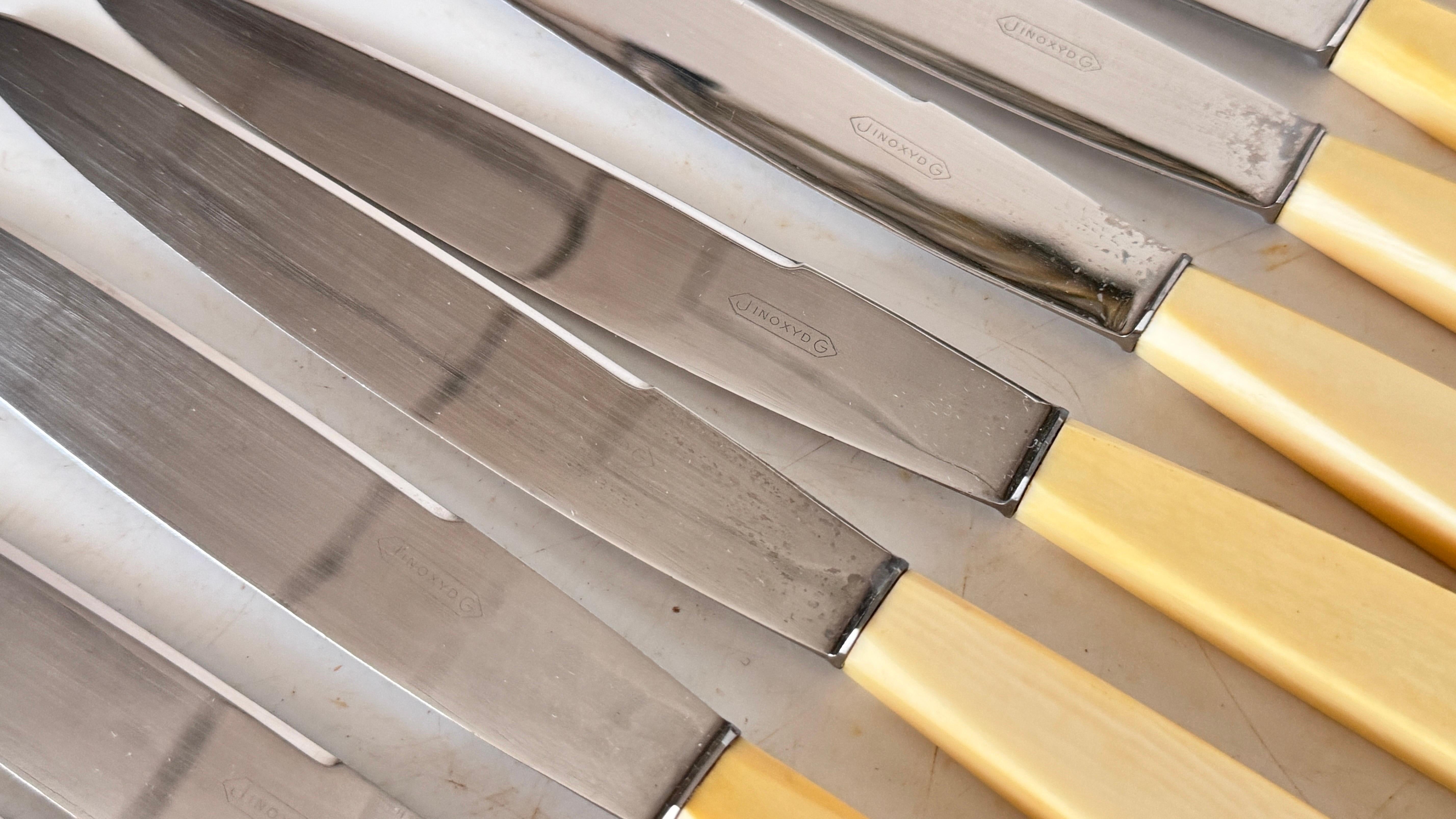 Set of 24 French Art Deco Dinner & Cheese Knives, Steel & Bone Handles, 1970s For Sale 2